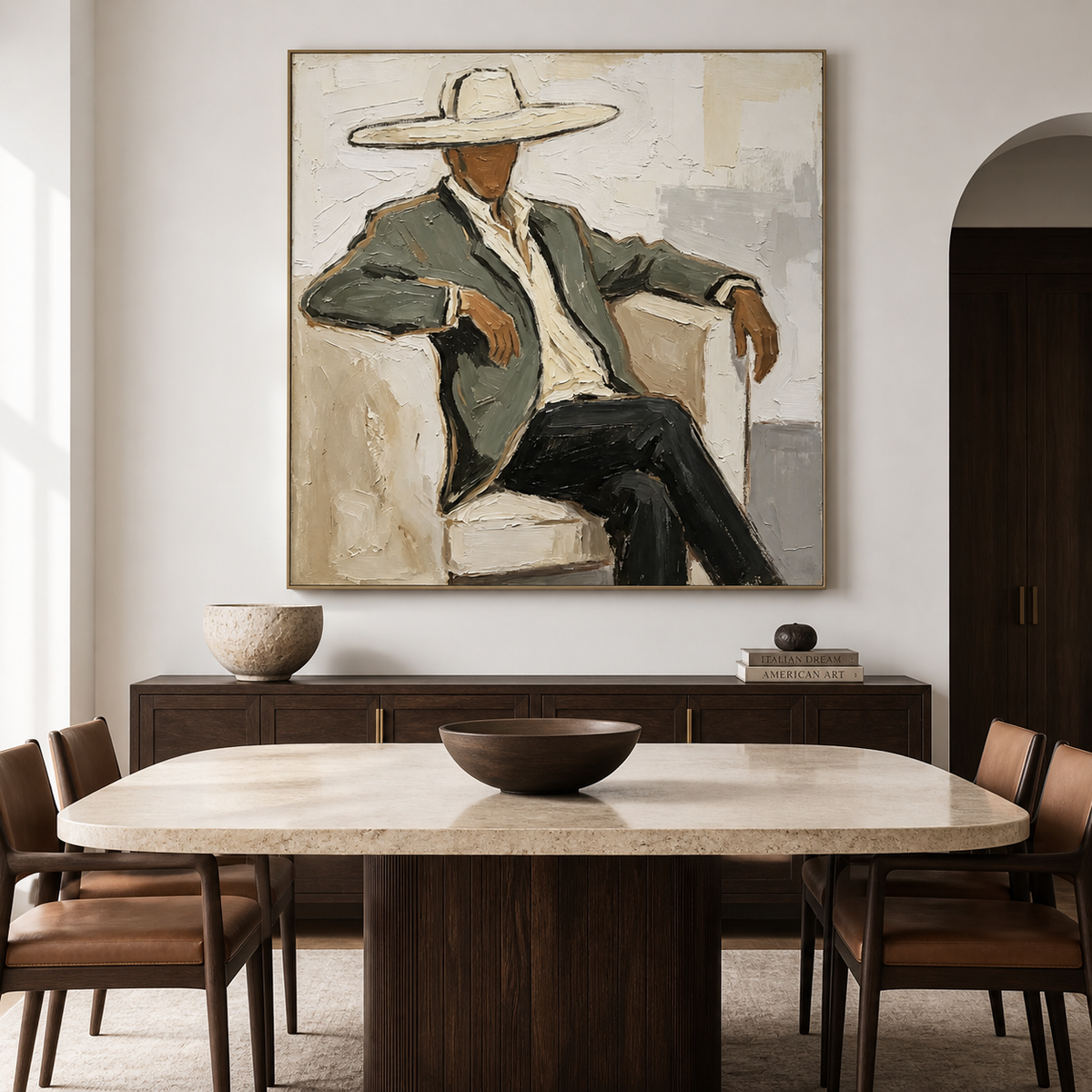 Cowboy painting with white hat and gray green jacket