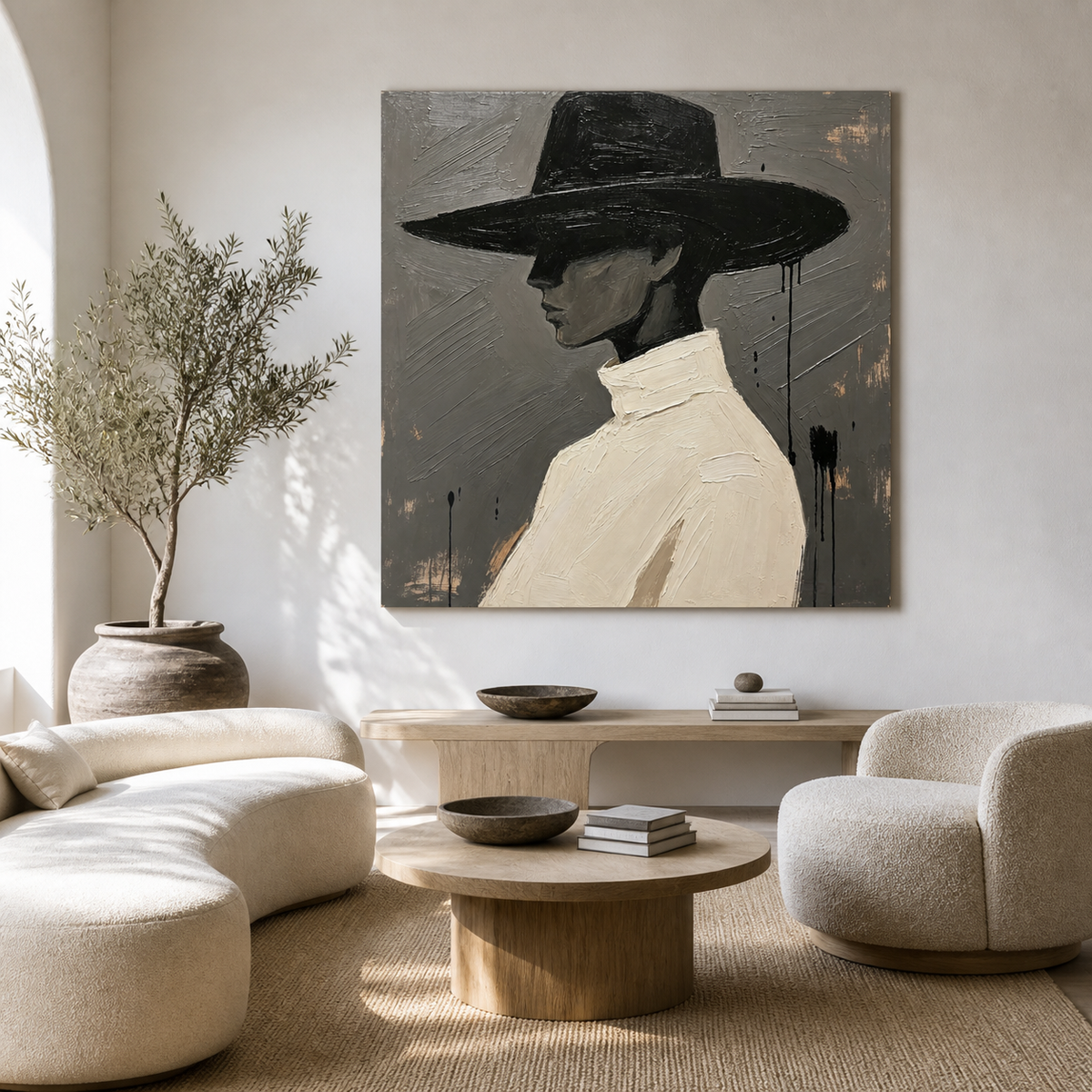 Cowboy portrait wall art with black hat and ivory clothing