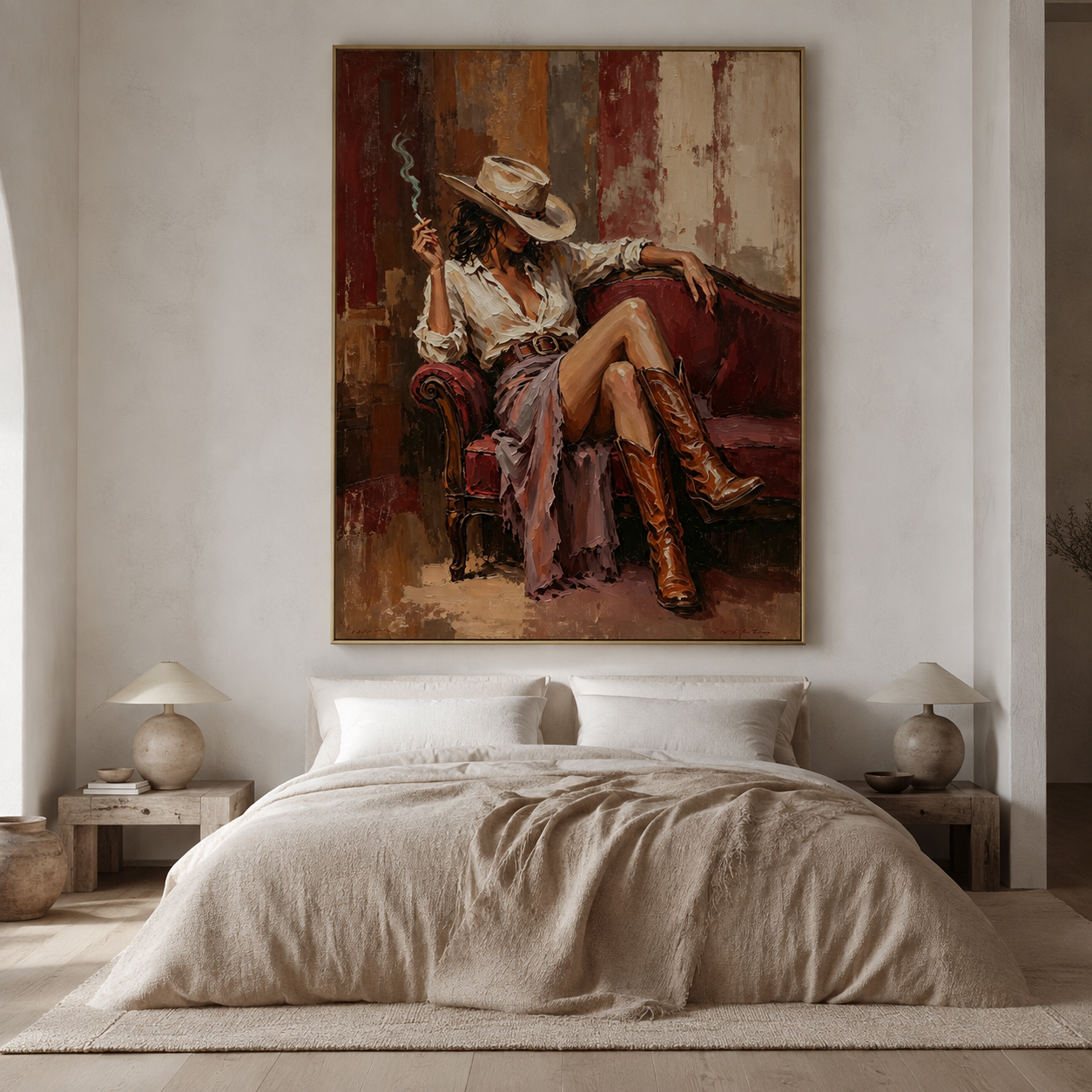 Textured cowgirl painting in burgundy brown and warm neutral tones
