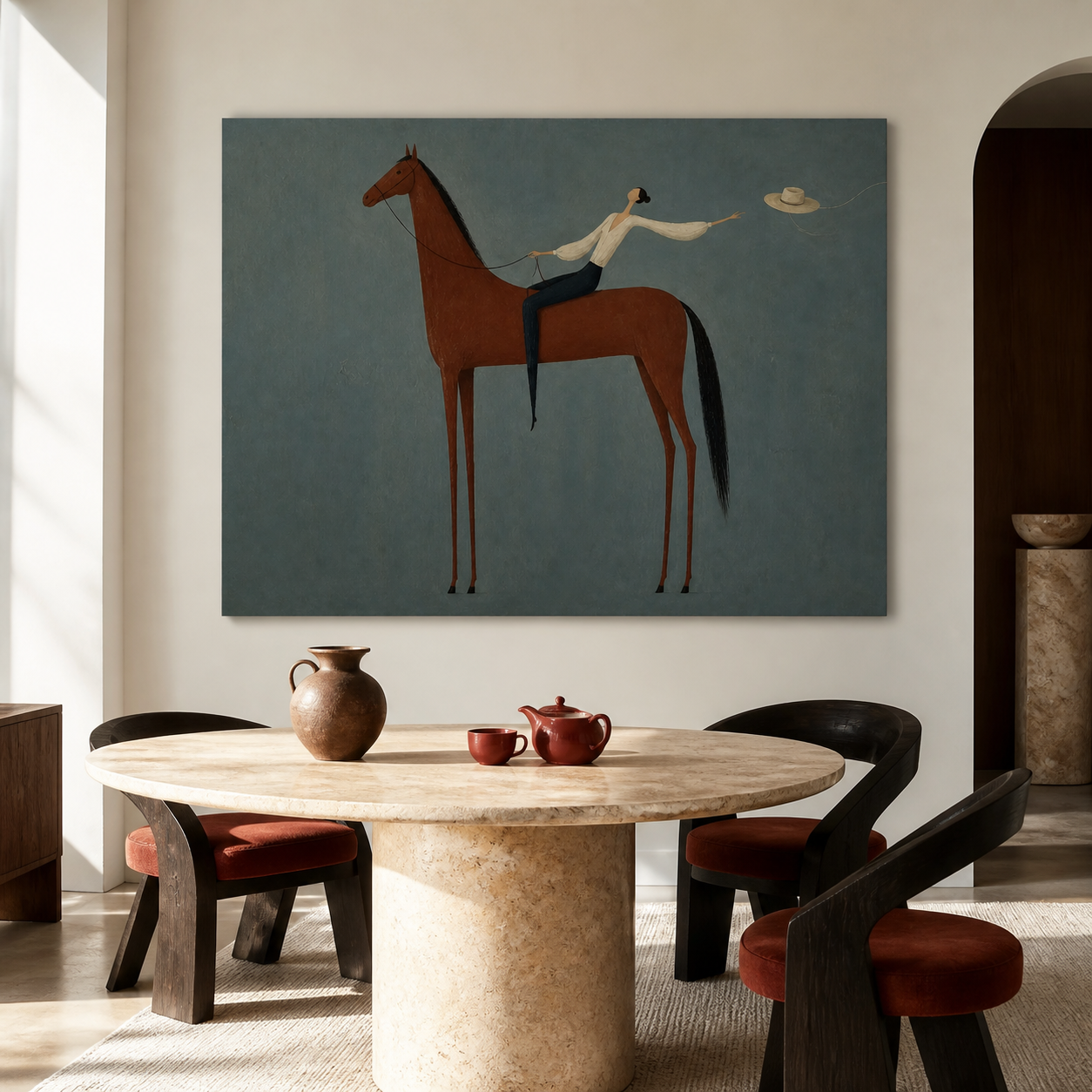 Cowgirl on horse wall art with flying cowboy hat