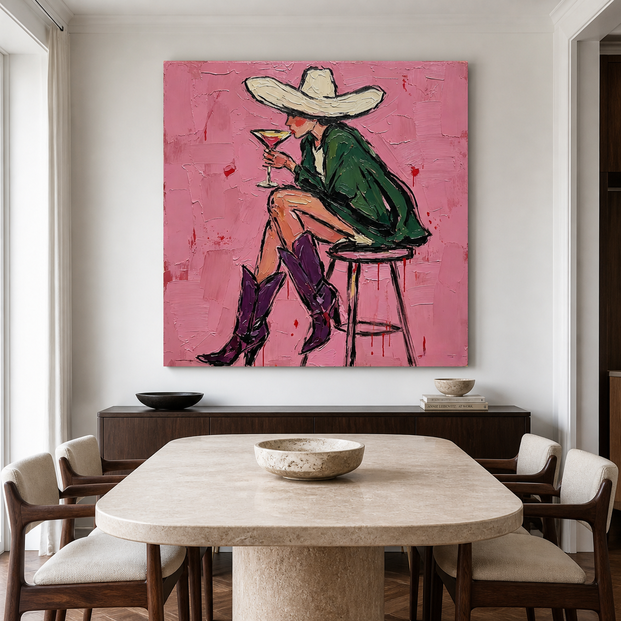 Cowgirl cocktail painting on textured pink background