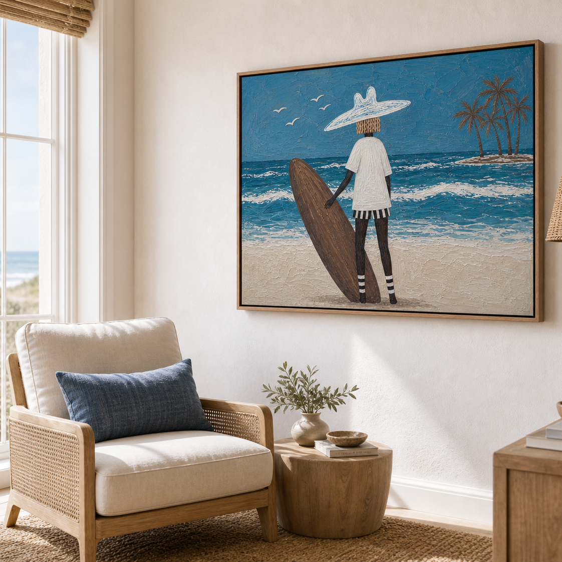 Beach House Wall Art, Framed Coastal Painting With Surfer, Palm Island and Ocean Waves