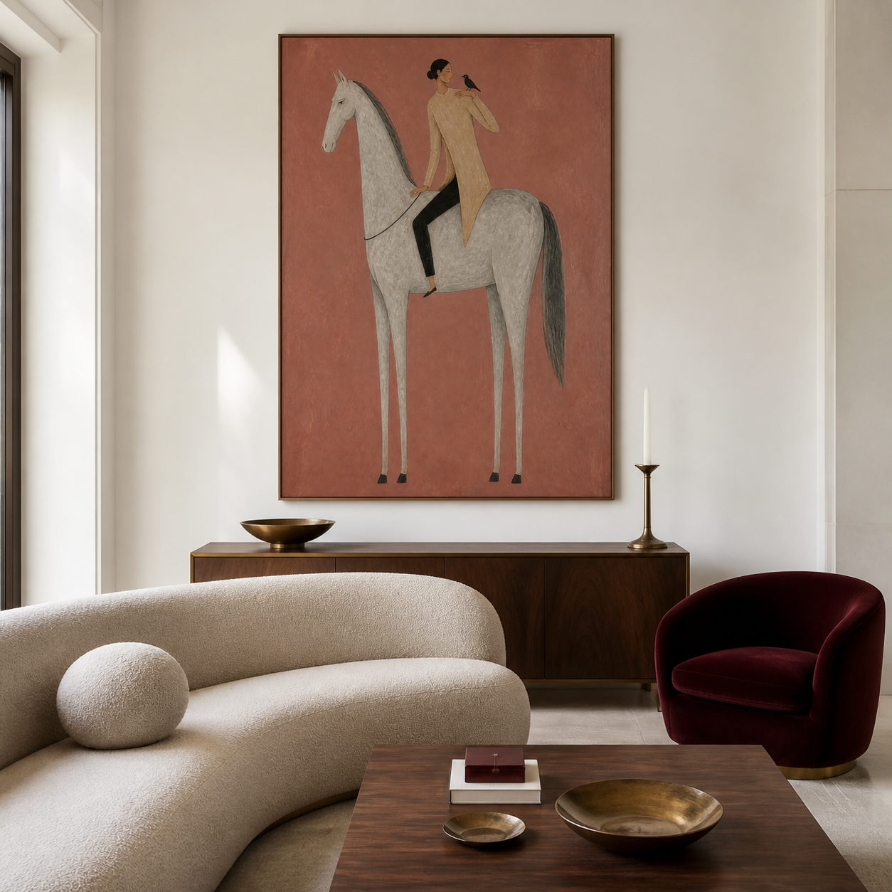 Hand-painted equestrian wall art with woman riding white horse