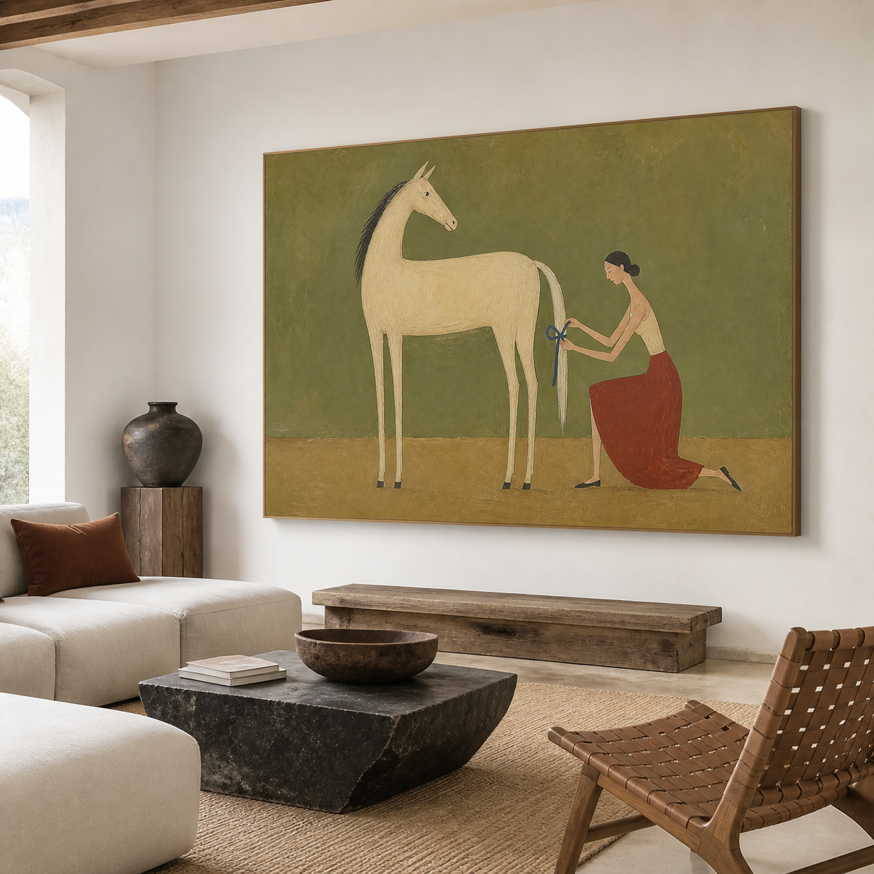 Equestrian oil painting with white horse on olive green background