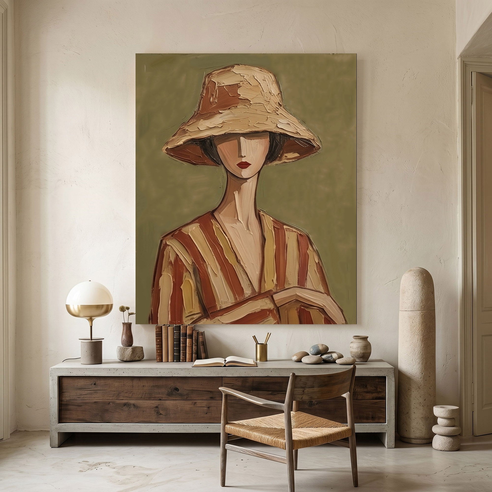 Fashion Figure Wall Art hand-painted oil painting with wide-brim hat