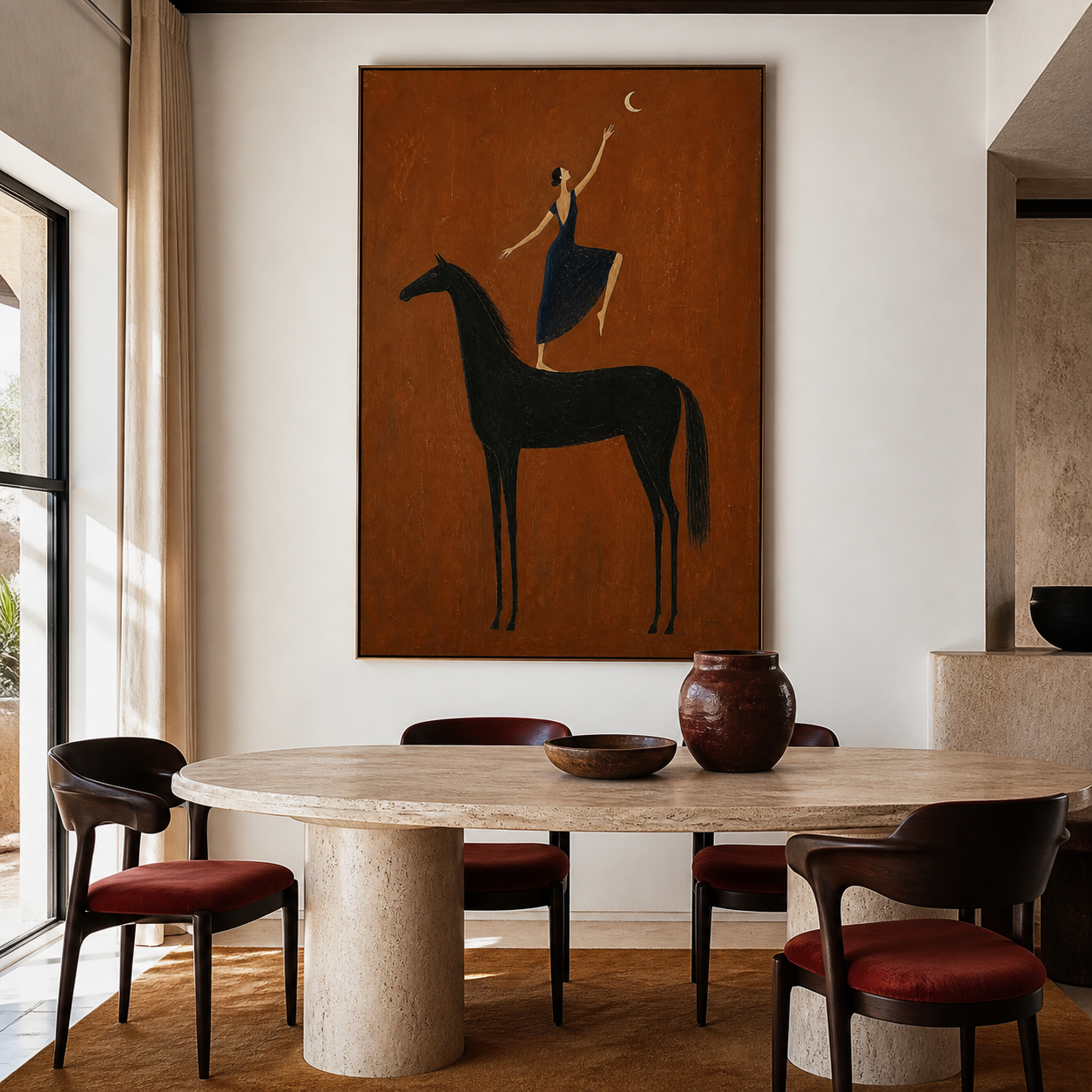 Large equestrian wall art featuring dancer on black horse