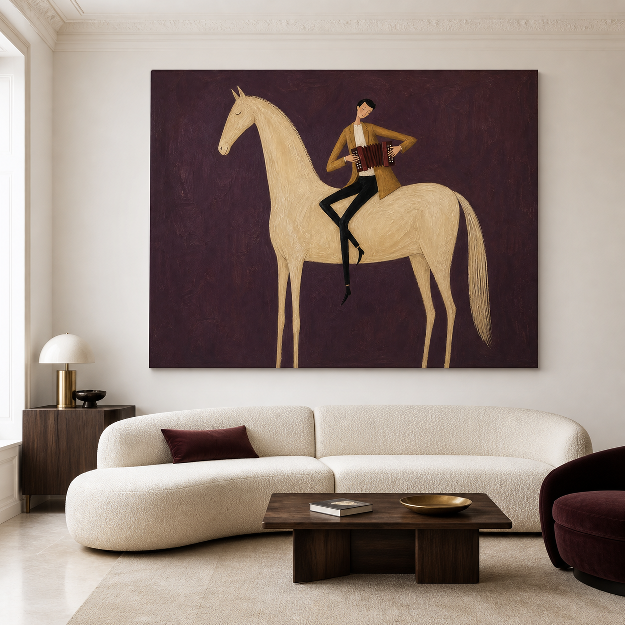 Hand-painted horse wall art with accordion player on white horse