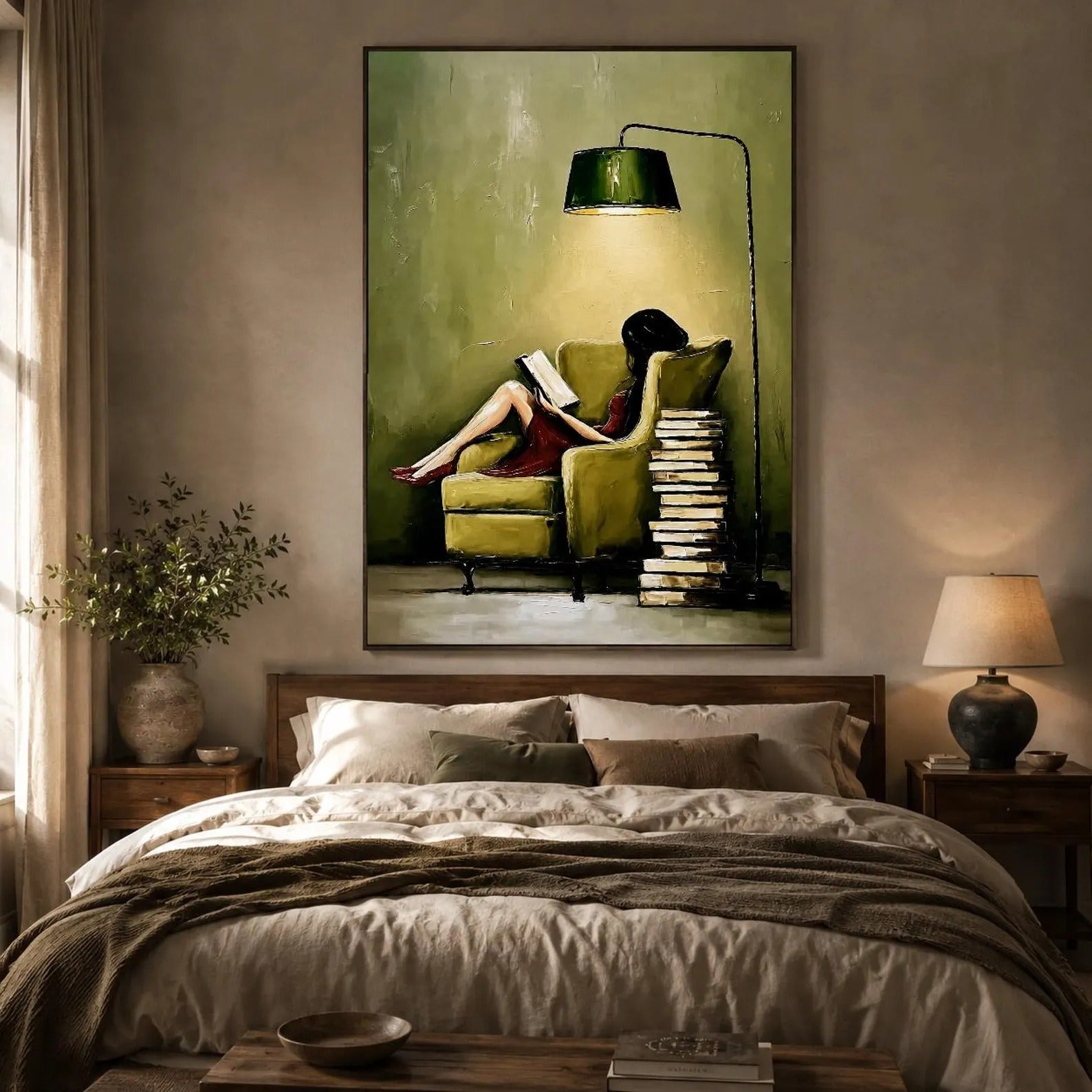 Hand-Painted Vintage Reading Woman Oil Painting