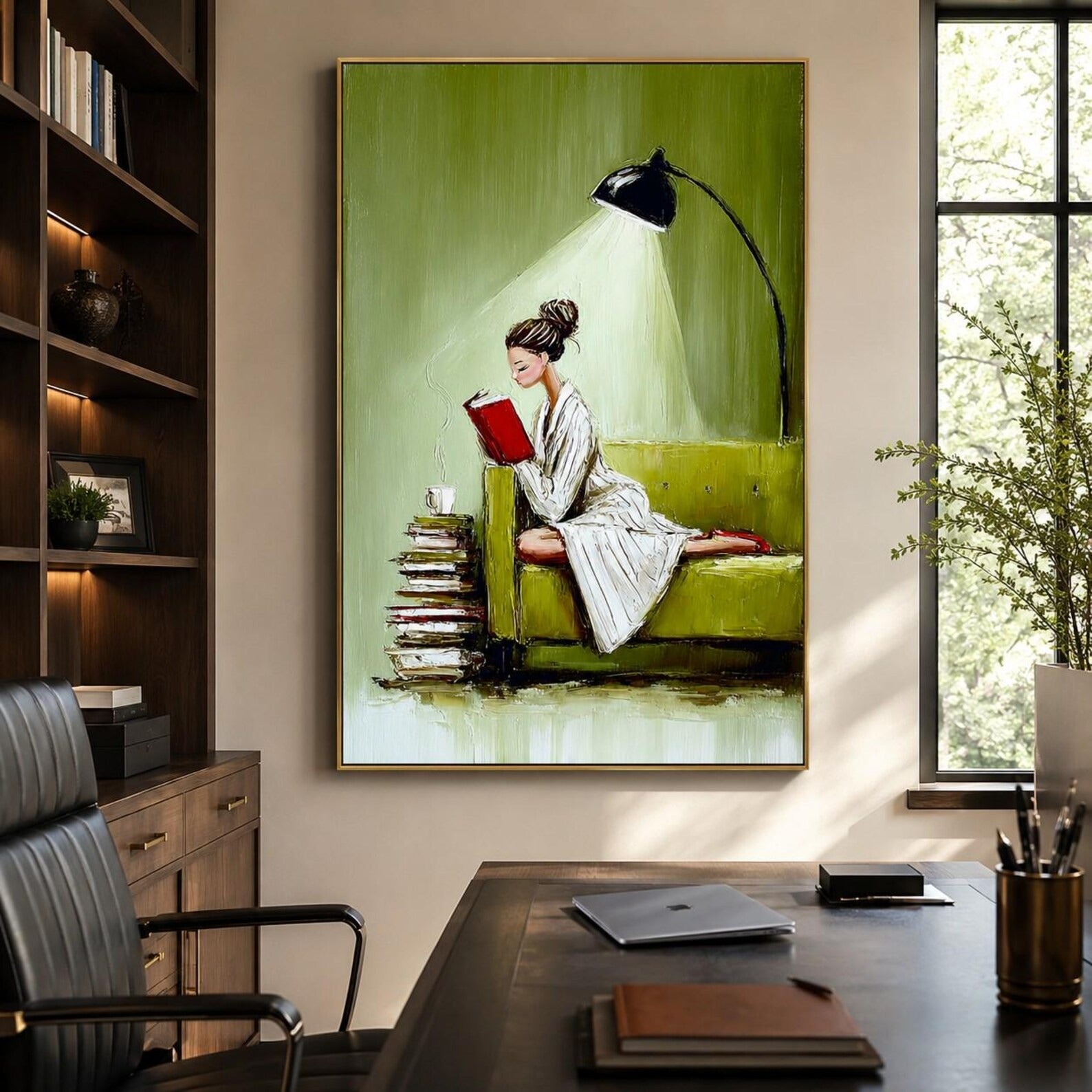 Hand-Painted Vintage Reading Woman Oil Painting