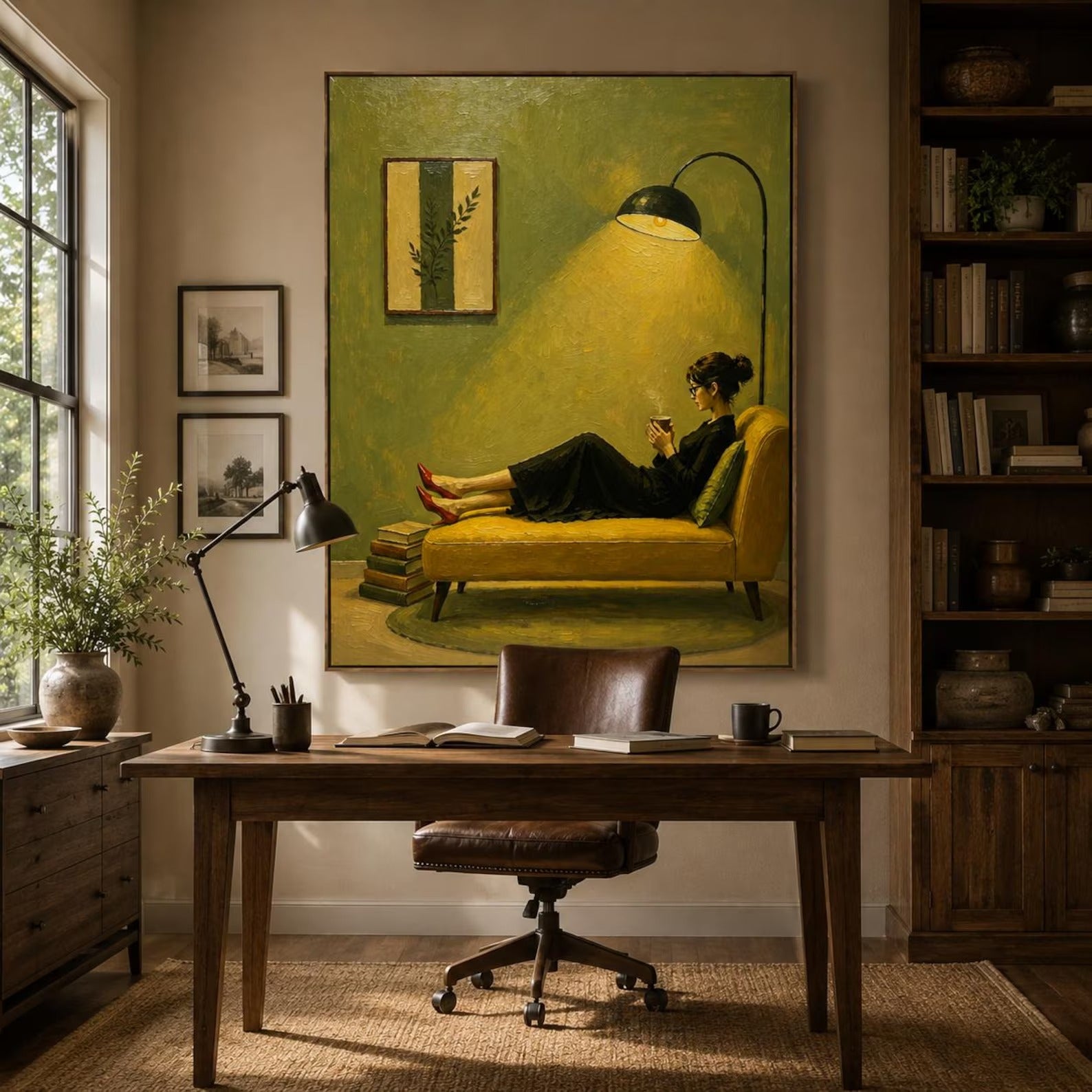 Hand-Painted Vintage Reading Woman Oil Painting