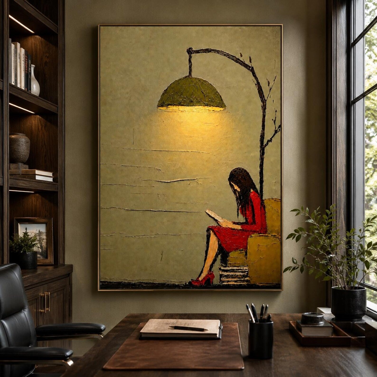 Hand-Painted Vintage Reading Woman Oil Painting