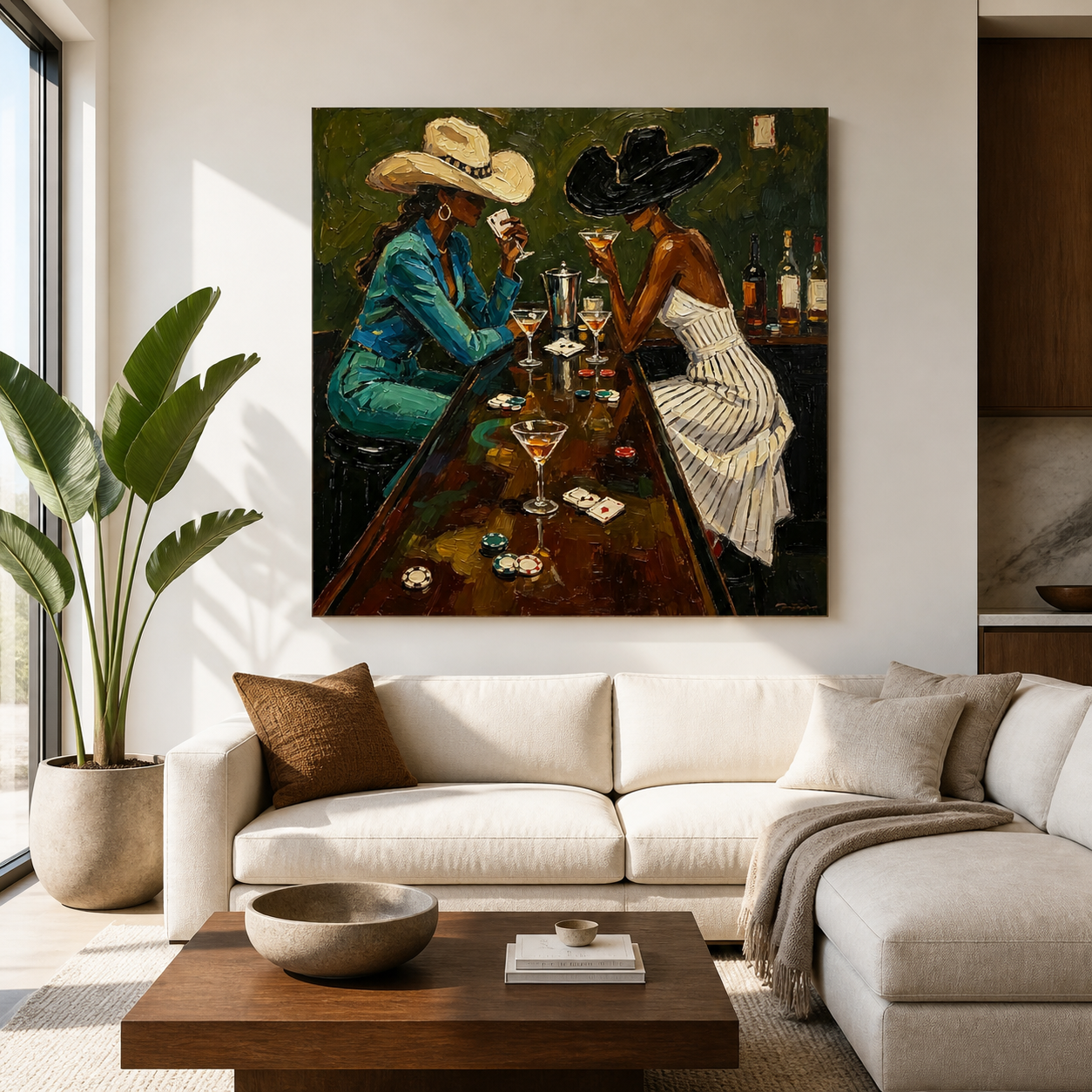 Hand-painted Western wall art with two cowgirls playing poker