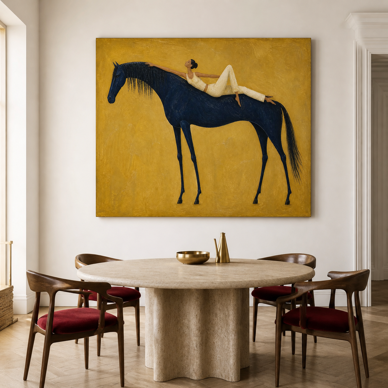Hand-painted black horse artwork with reclining female figure