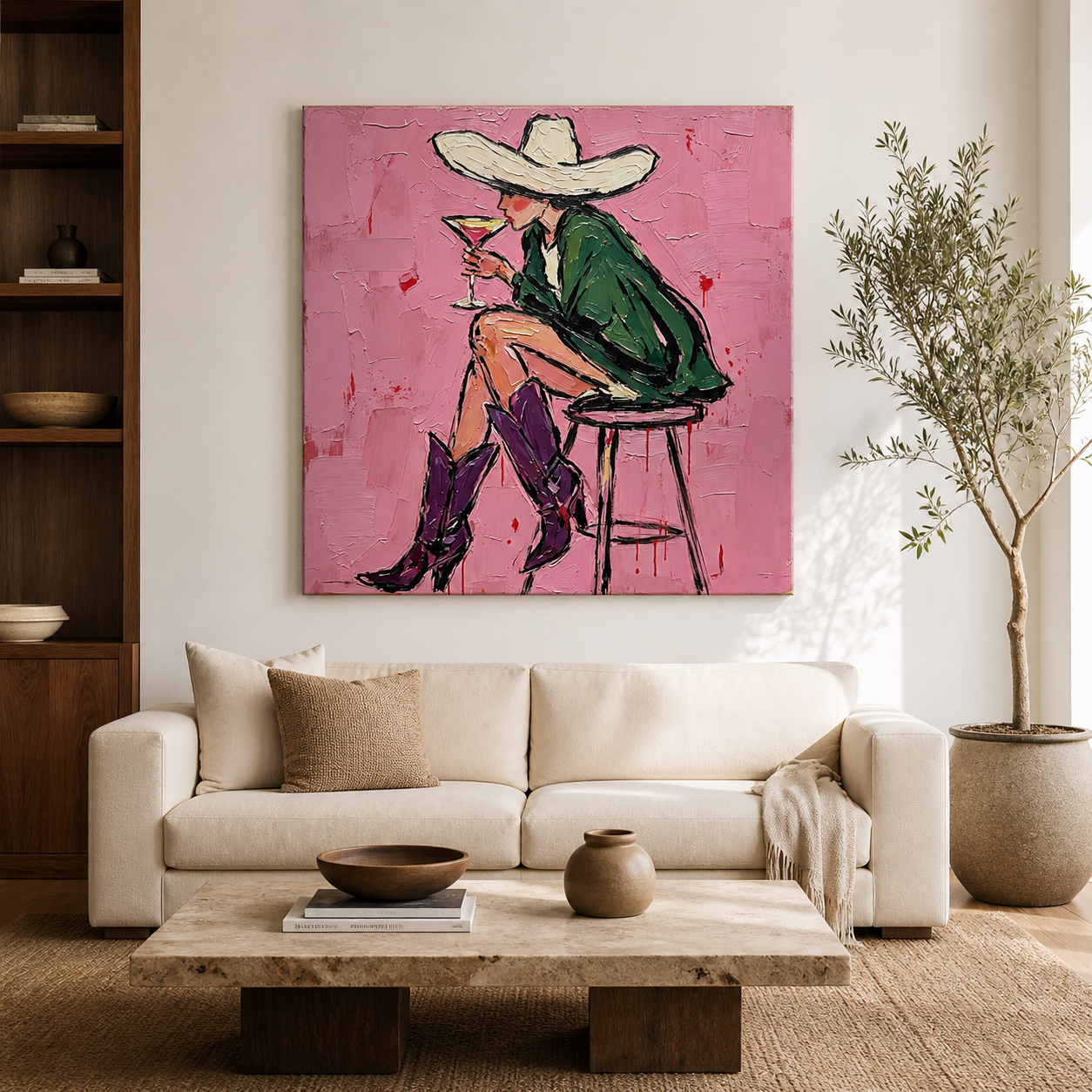 Hand-painted cowgirl art with cowboy hat and cocktail