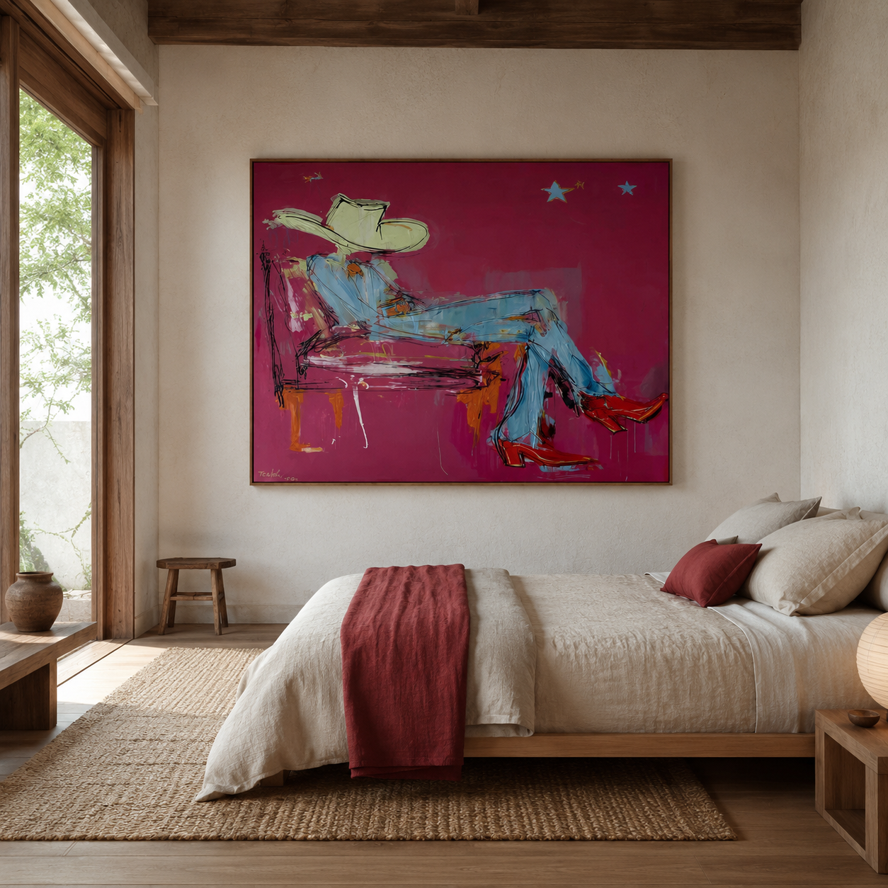 Hand-painted cowgirl wall art for luxury ranch decor