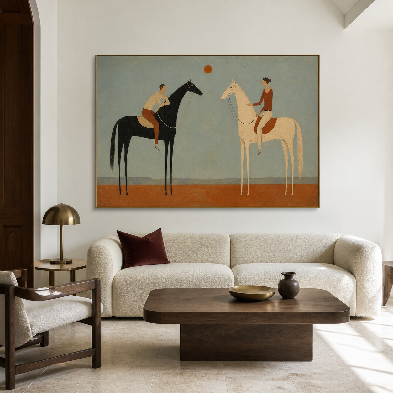 Hand-painted equestrian wall art with two horse riders