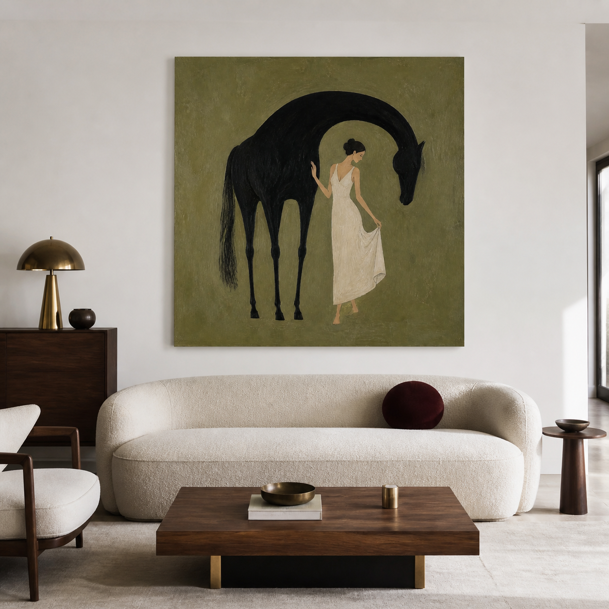 Hand-painted horse wall art with woman and black horse