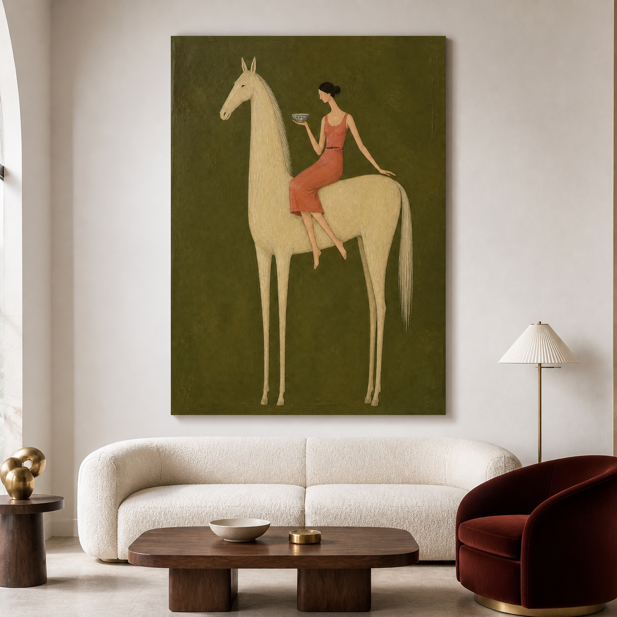 Hand-painted horse wall art with woman on white horse
