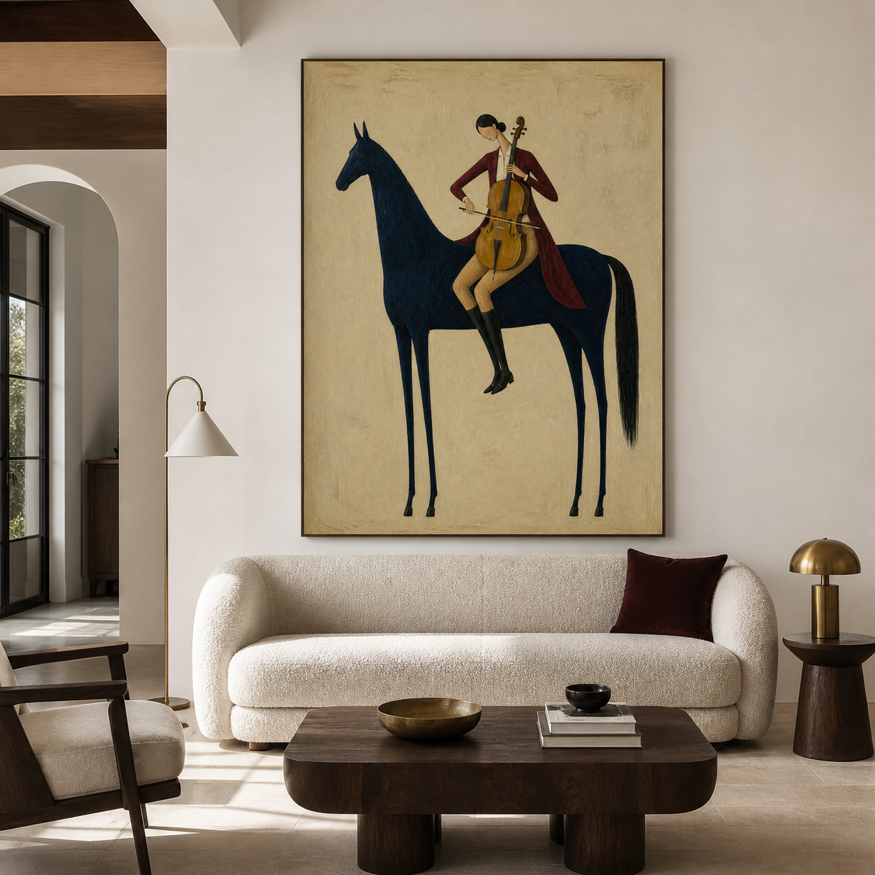 Hand-painted horse wall art with woman playing cello