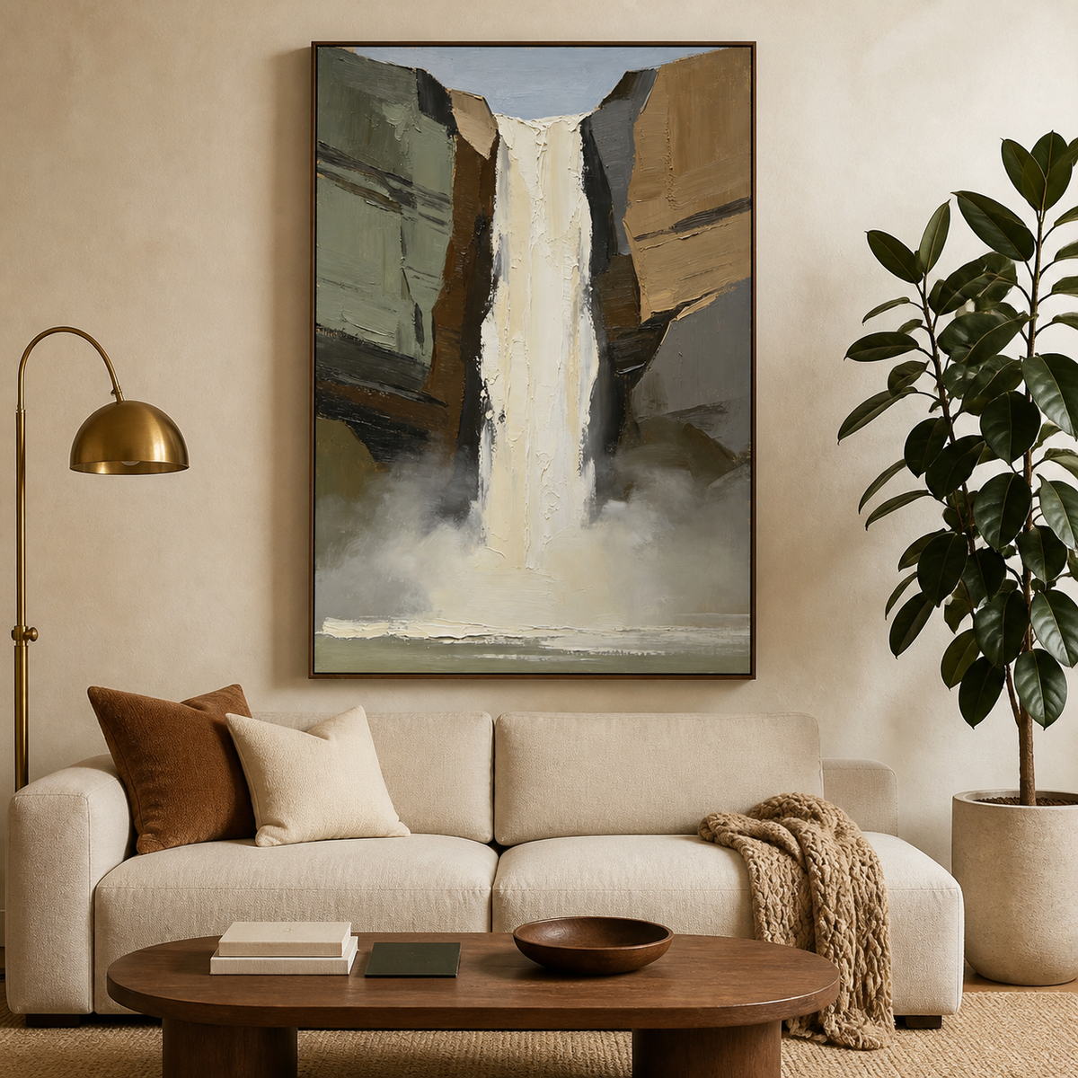 Hand-painted waterfall wall art with rocky canyon and mist
