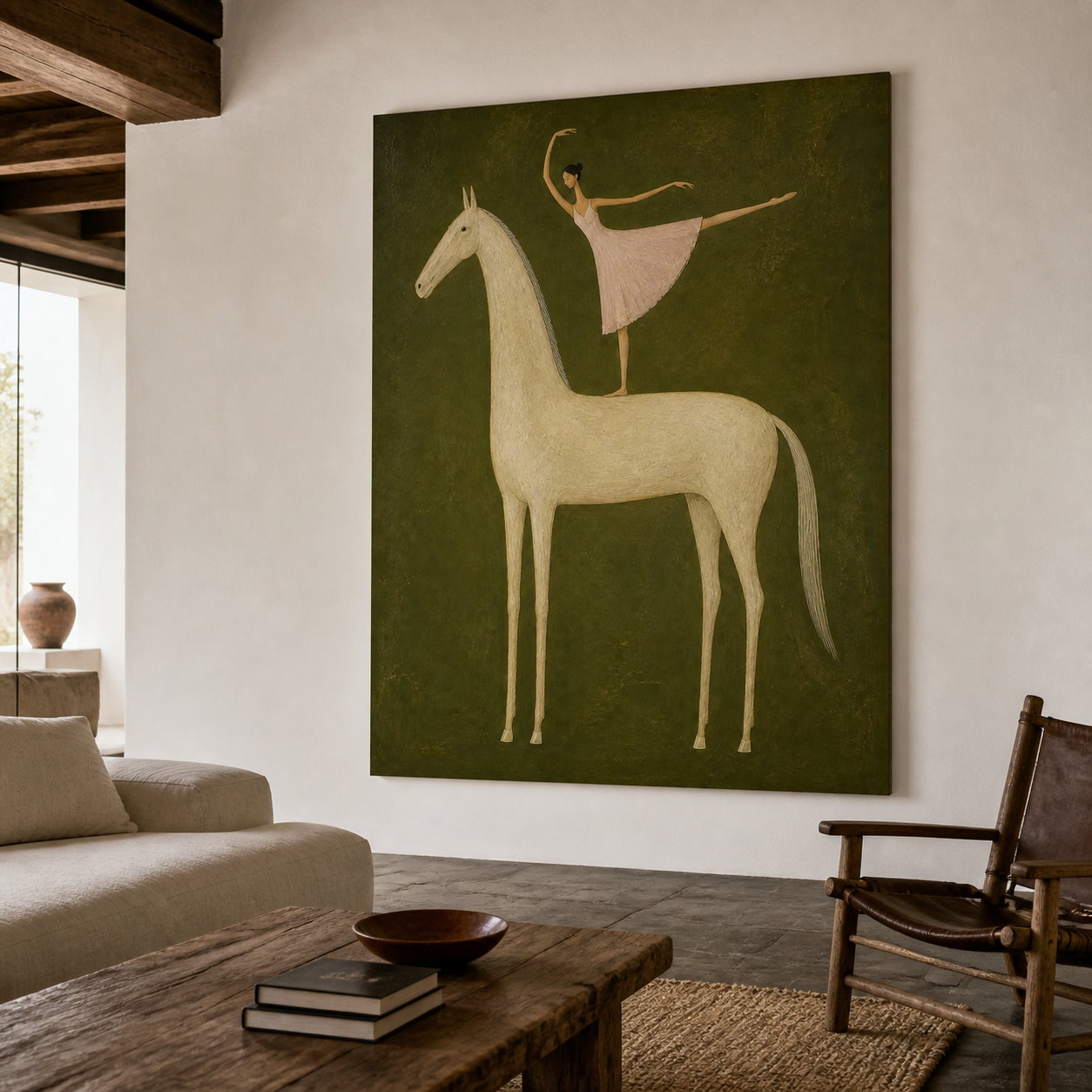 Equestrian oil painting featuring ballerina and white horse