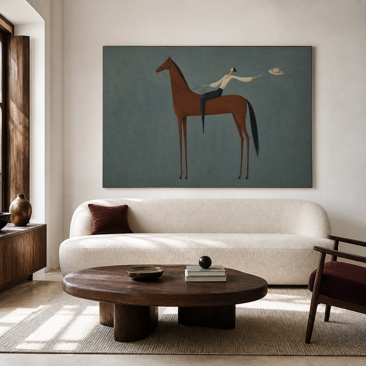 Hand-painted cowgirl wall art with woman riding a brown horse