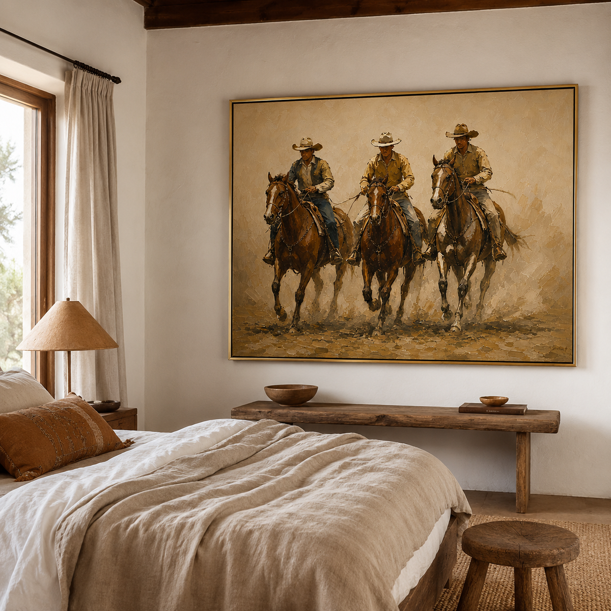 Vintage Americana cowboy painting with horses on textured canvas wall art