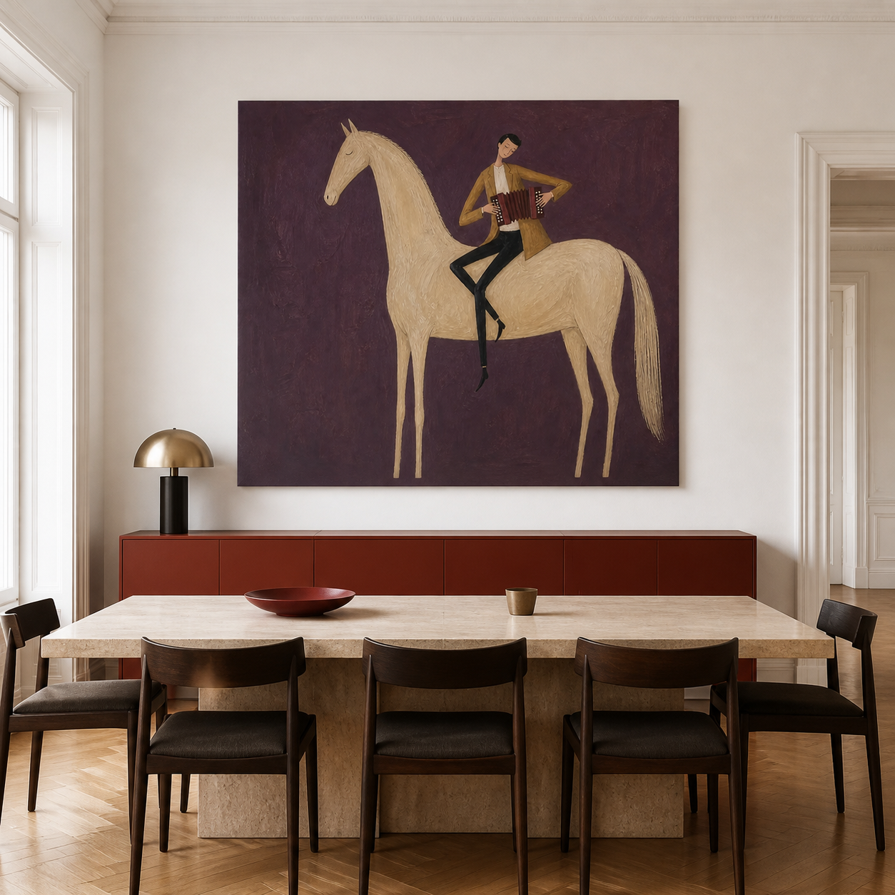 Horse and musician painting on deep burgundy background