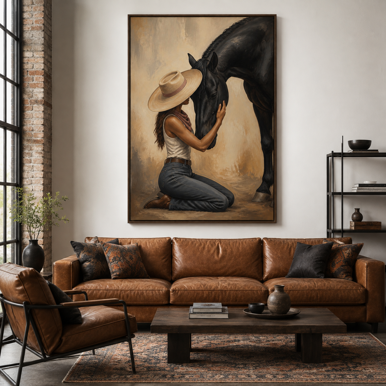 Horse lover wall art
Woman and black horse painting
Emotional horse artwork