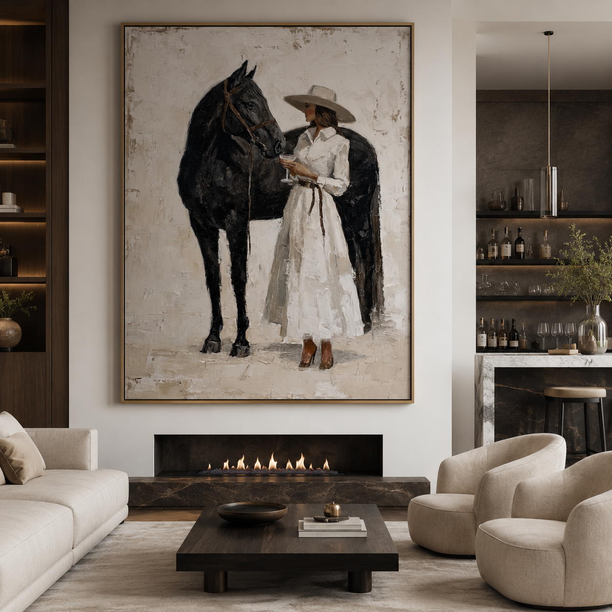 Horse lover wall art with elegant woman and black horse