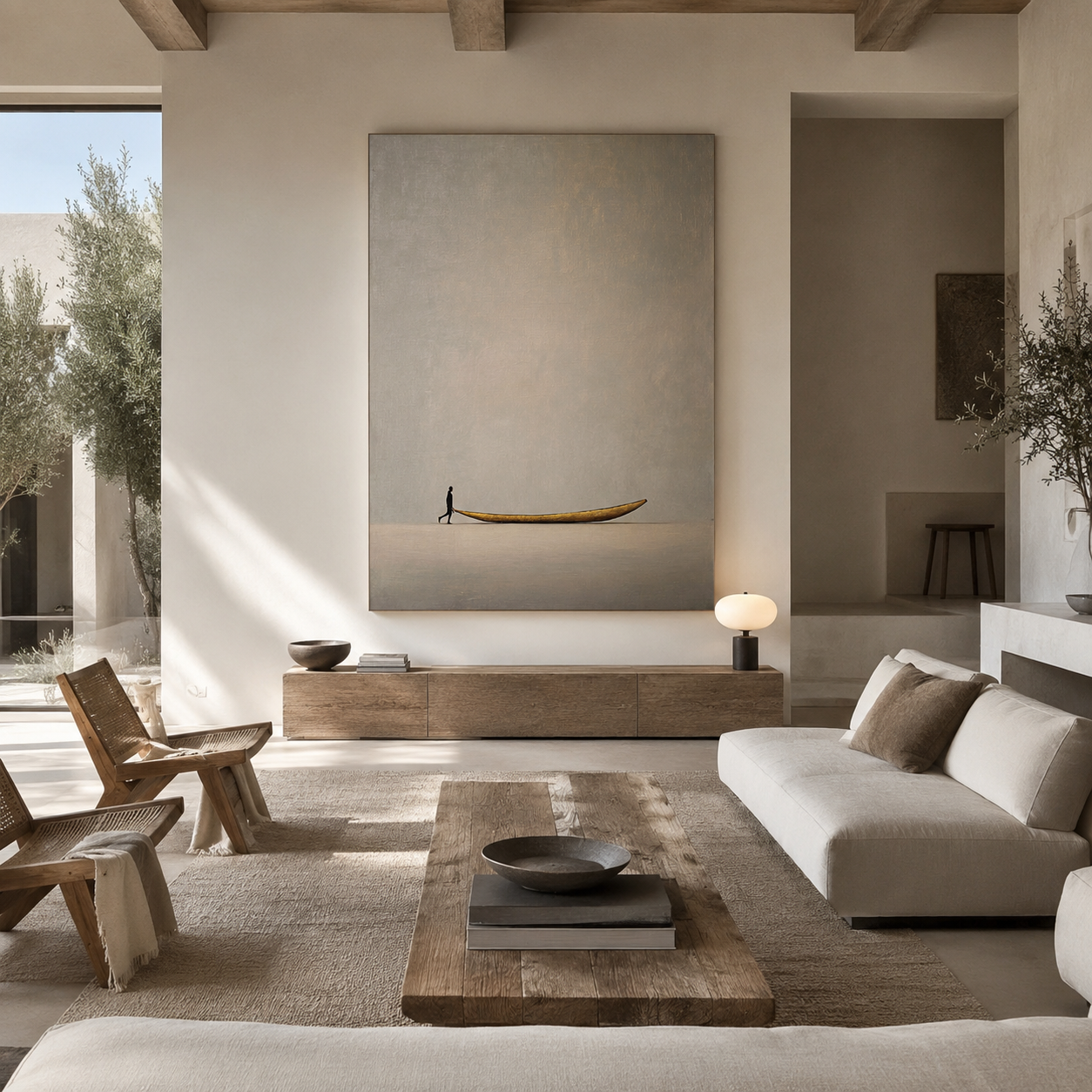 Japandi style wall art with serene boat artwork
