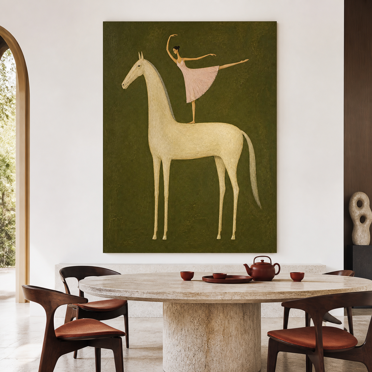 Large white horse wall art with ballet dancer