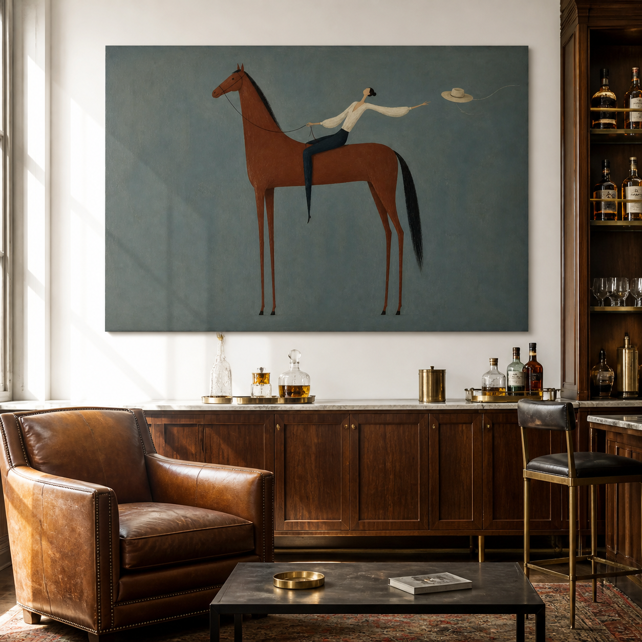 Western horse oil painting featuring a female horseback rider
