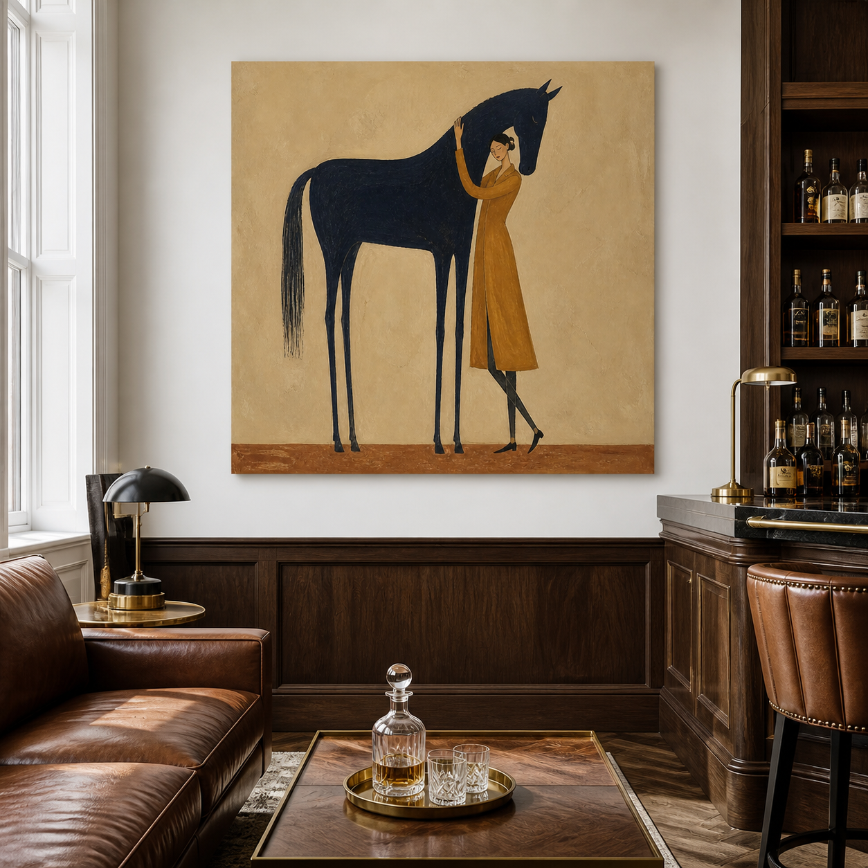 Woman embracing black horse oil painting on beige background