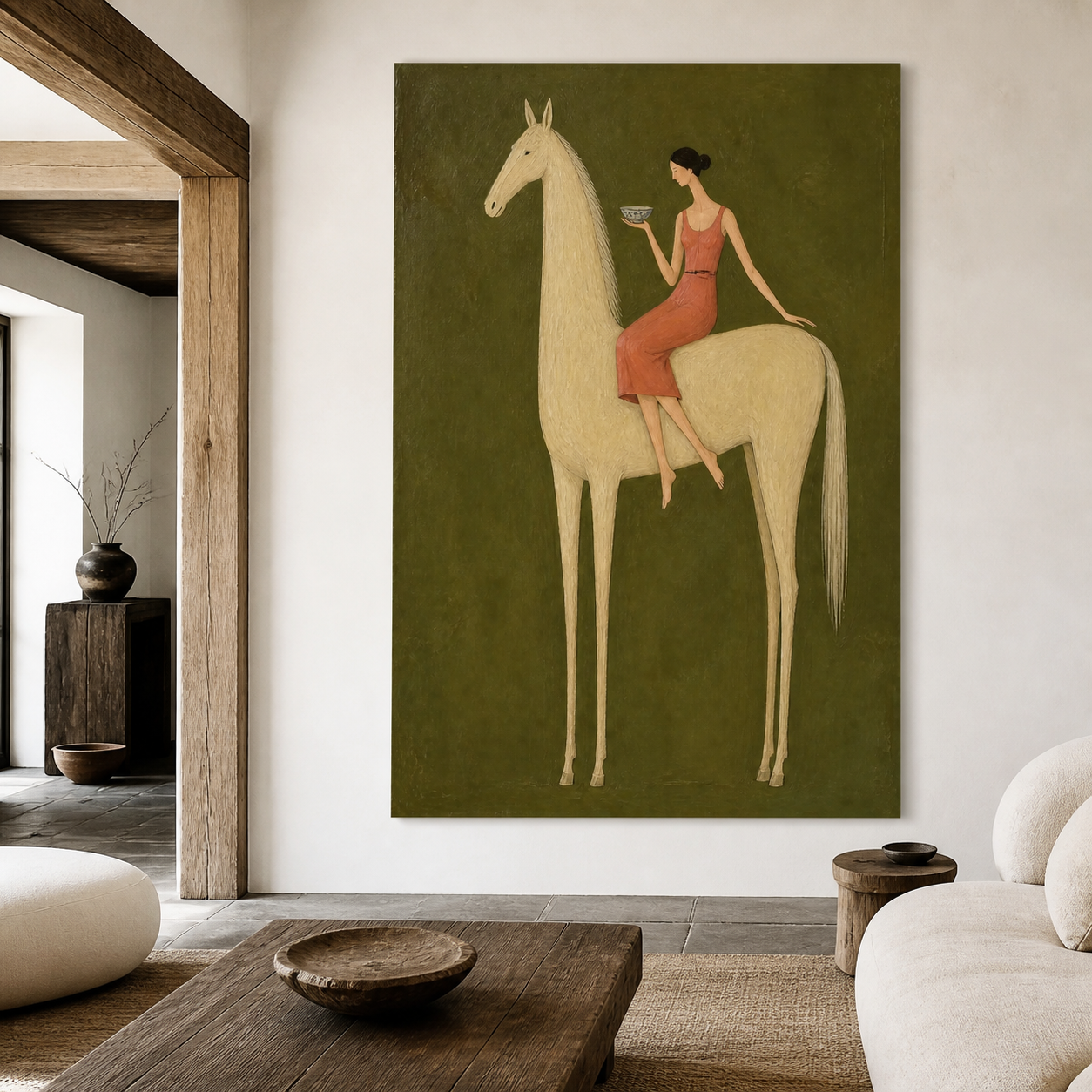 Large equestrian painting on olive green background