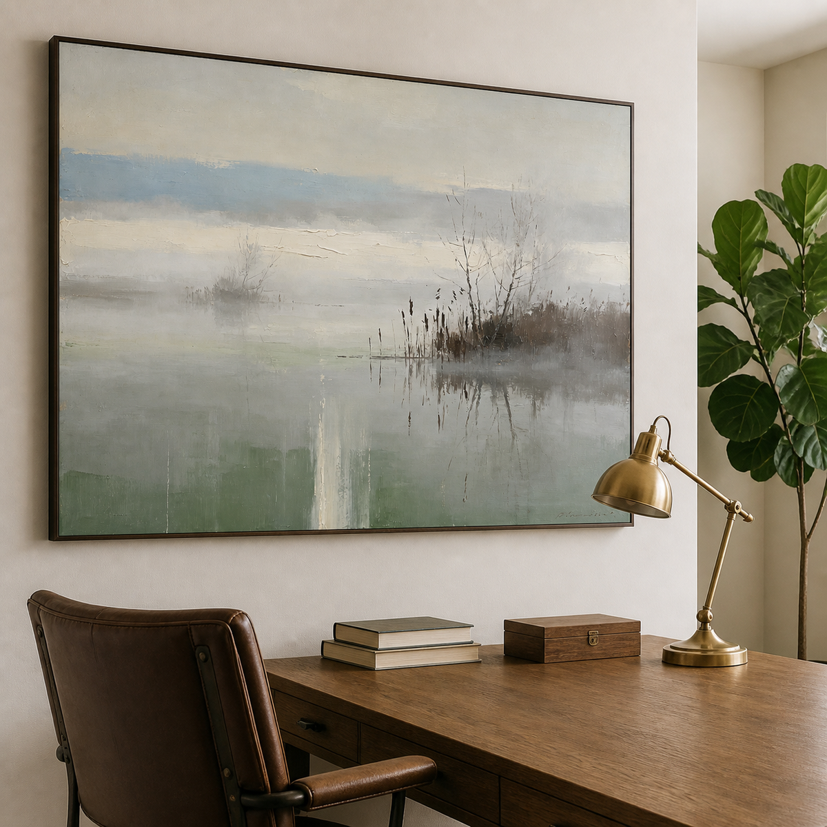 Large horizontal lake painting with reeds and morning mist
