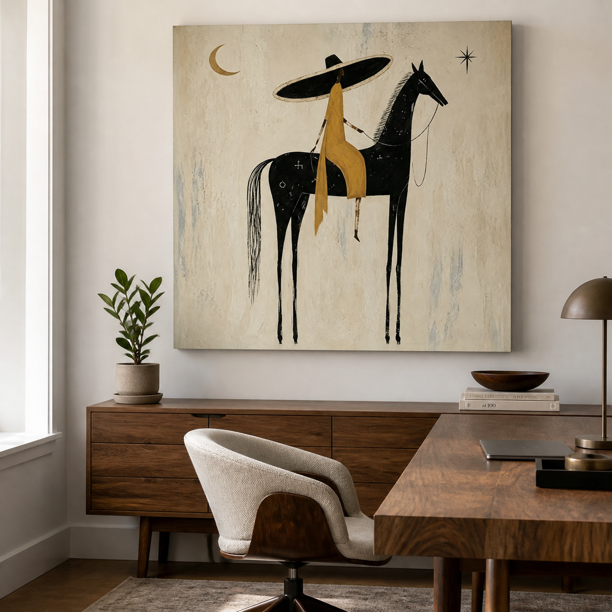 Large square Western wall art featuring black horse and rider