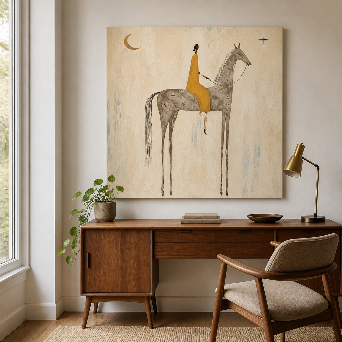 Large square horse wall art with mustard yellow rider