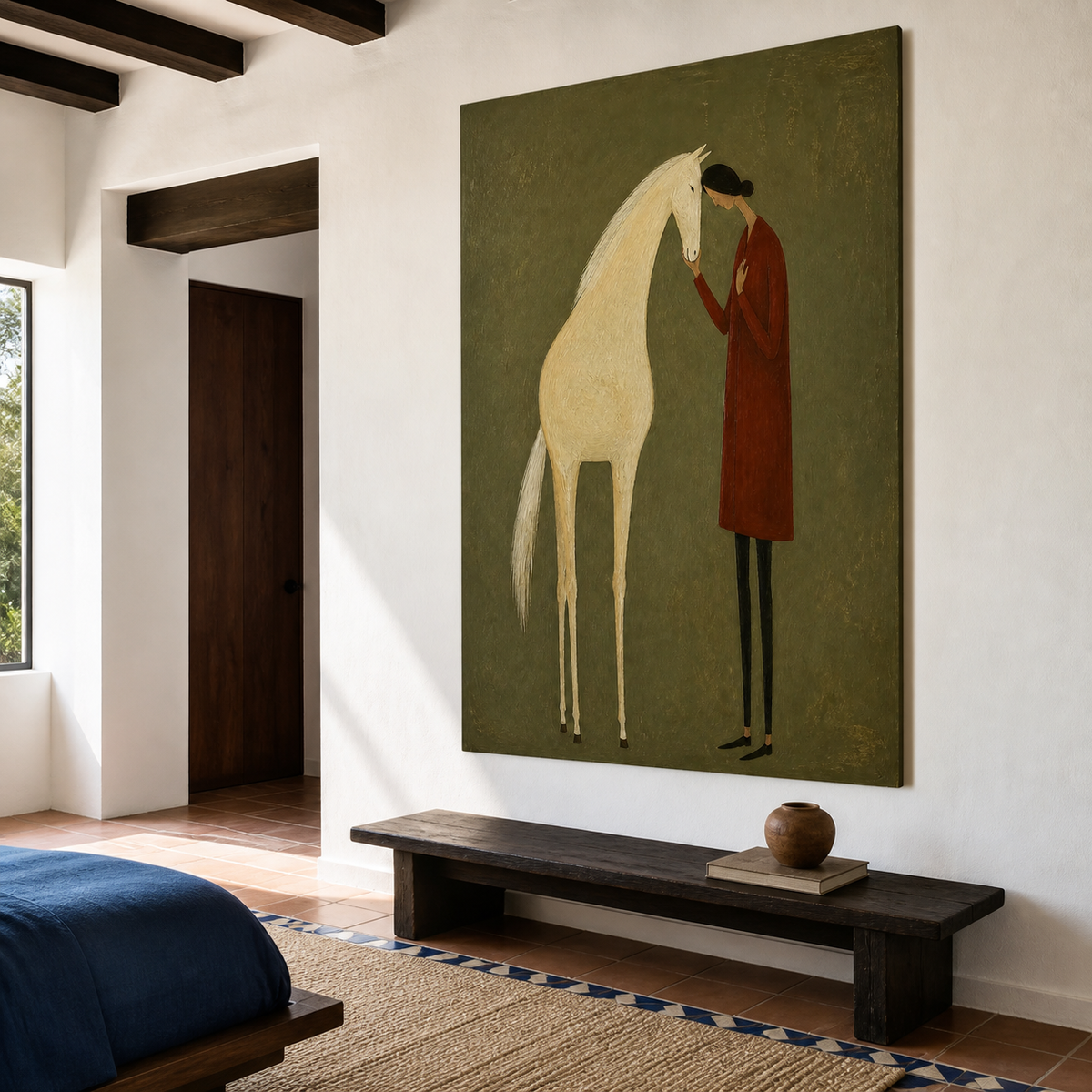 Large vertical white horse oil painting with female figure