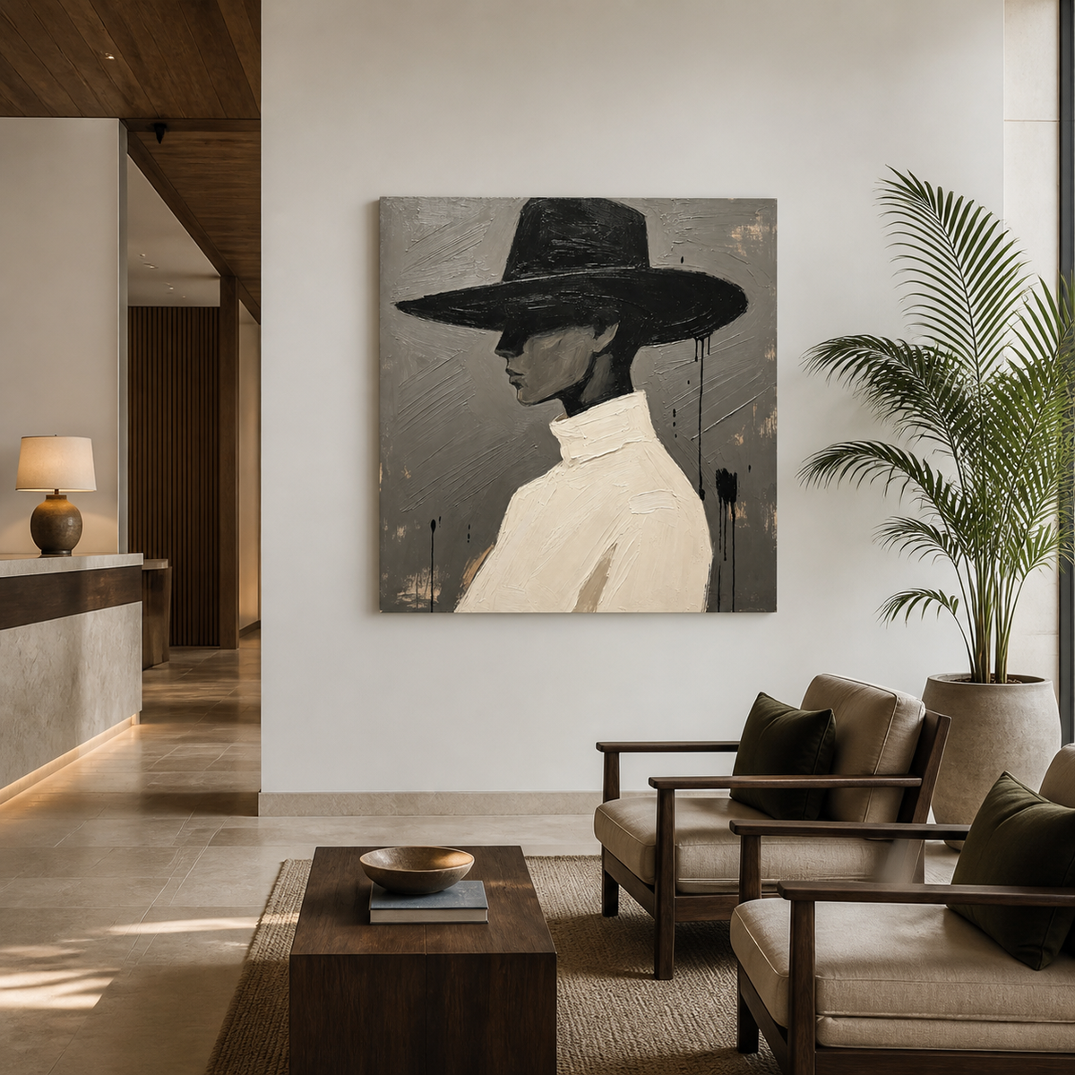 Minimalist cowboy painting with black wide brim hat