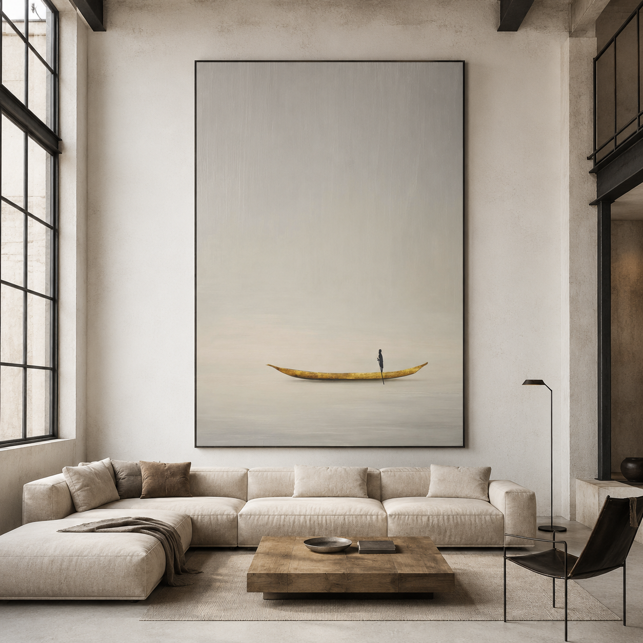 Minimalist landscape wall art with boat and neutral tones