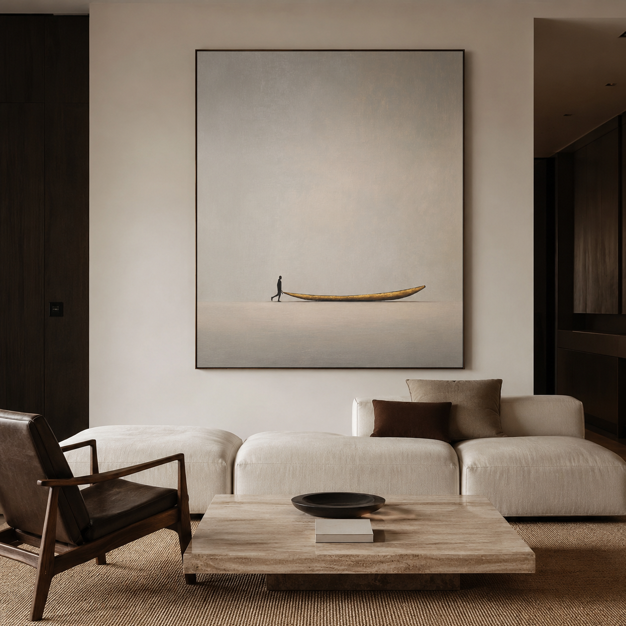 Minimalist wall art with peaceful boat and neutral landscape