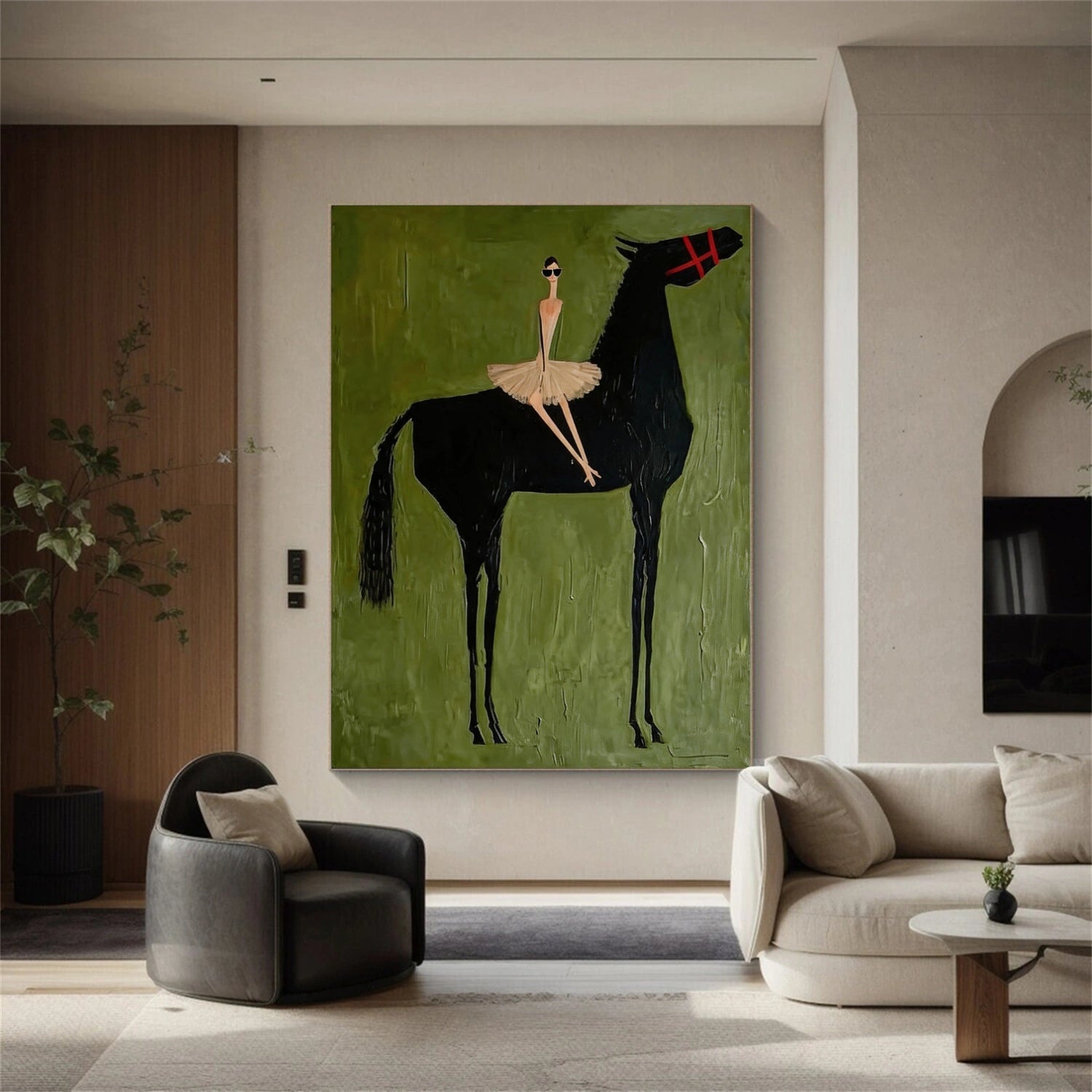 Modern Equestrian Horse Wall Art, Hand-Painted Textured Oil Painting, Black Horse & Ballerina Canvas – Midnight Elegance