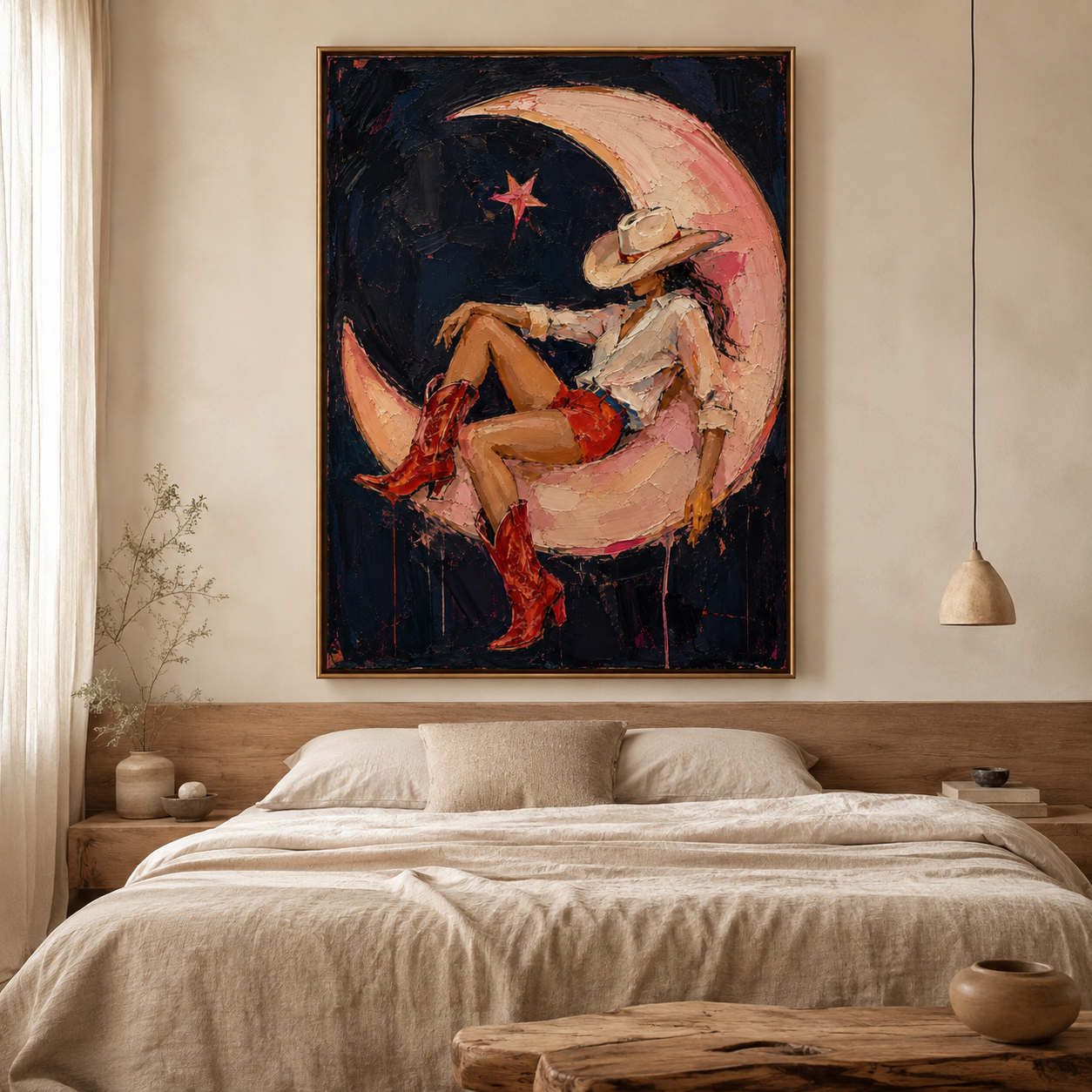 Hand-painted cowgirl and crescent moon Western wall art