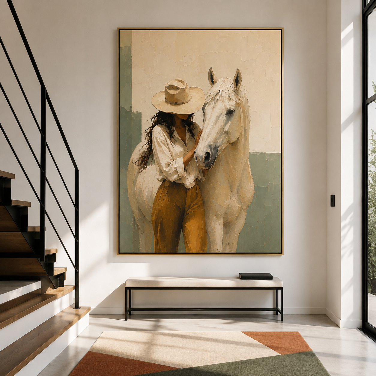 Modern Western cowgirl horse wall art with textured brushwork