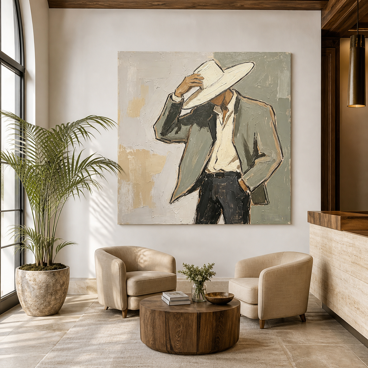 Modern Western portrait art with man in white cowboy hat