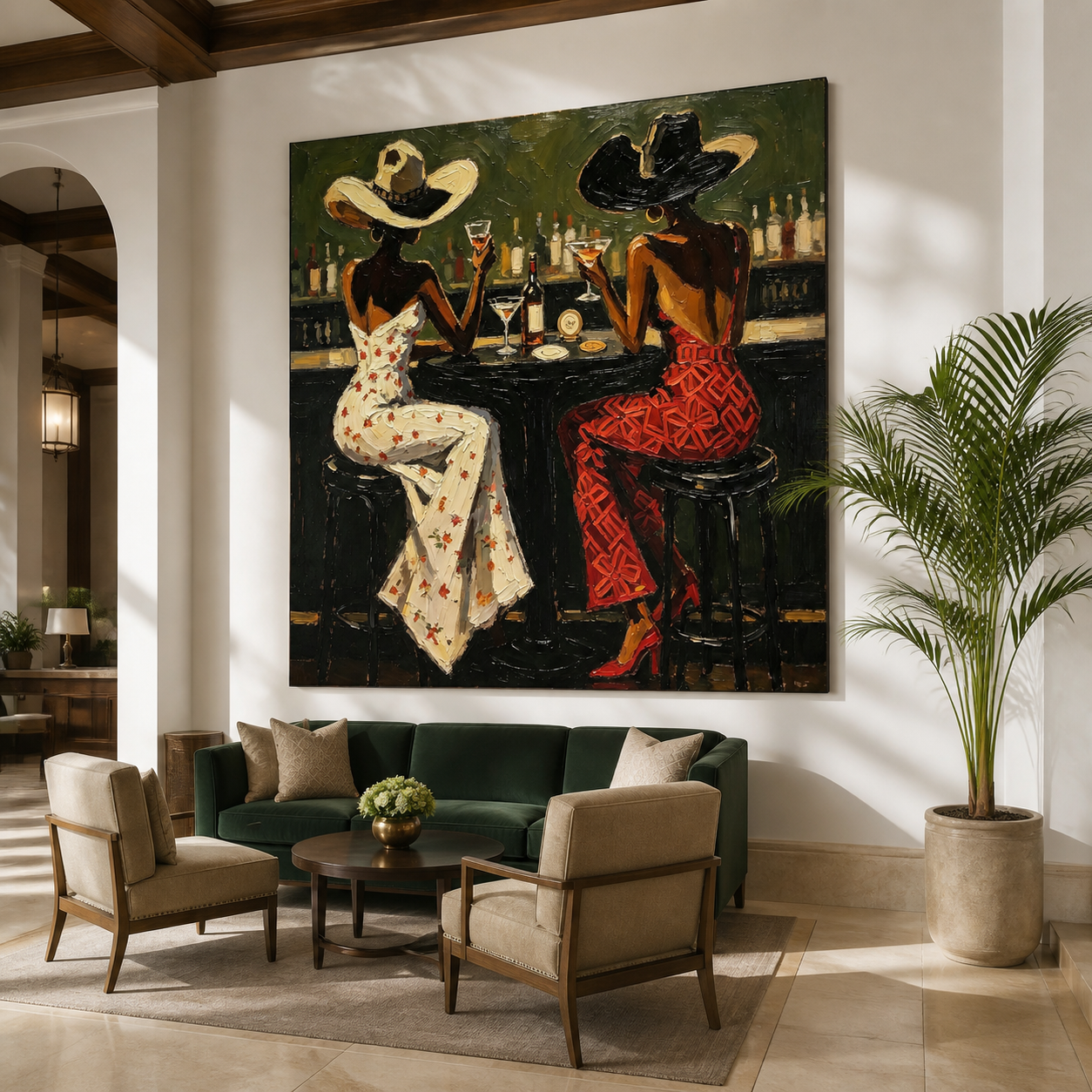 Modern cowgirl wall art with women sitting at saloon bar
