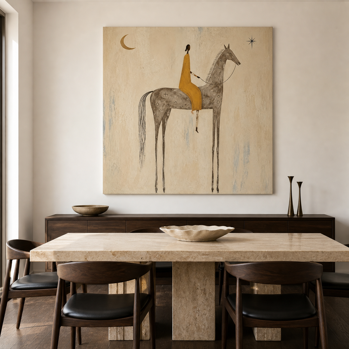 Modern equestrian wall art in mustard yellow and cream tones