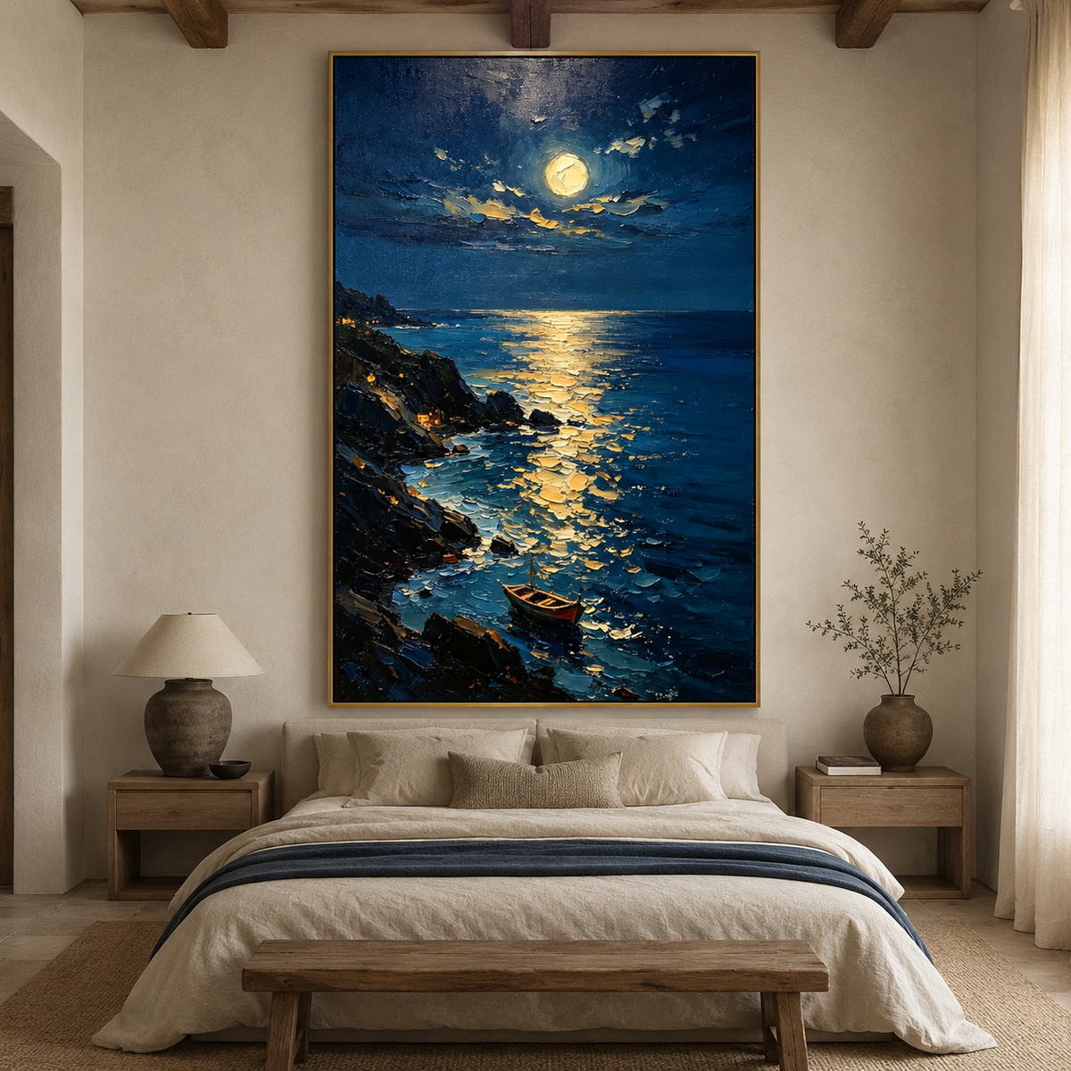 Deep blue seascape wall art for coastal bedroom decor