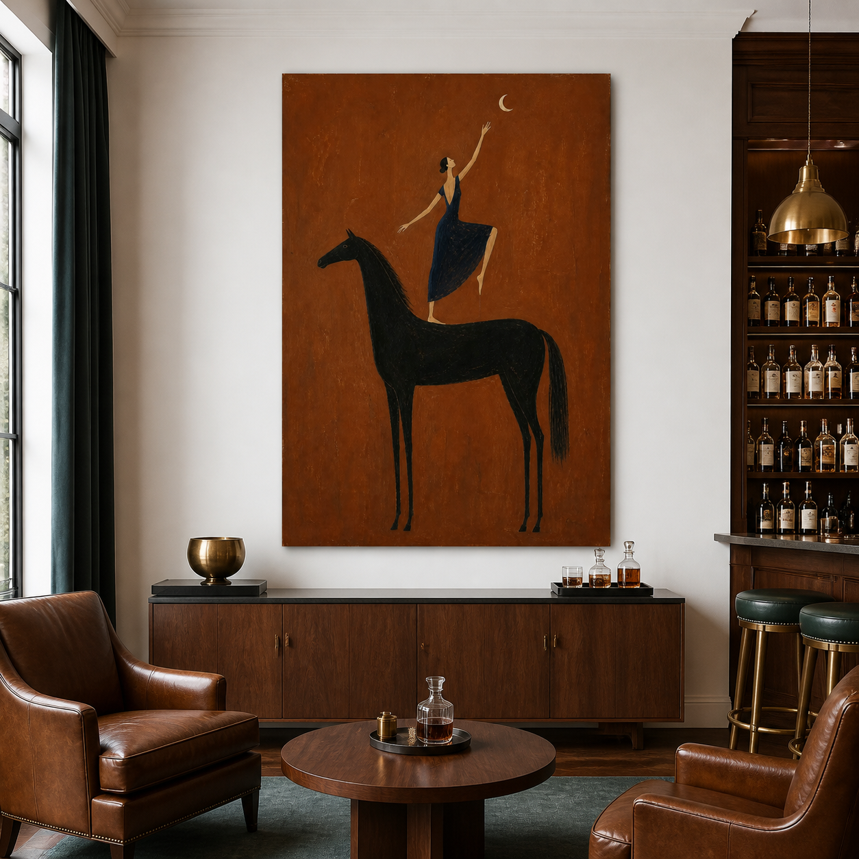 Ballerina and black horse oil painting with crescent moon